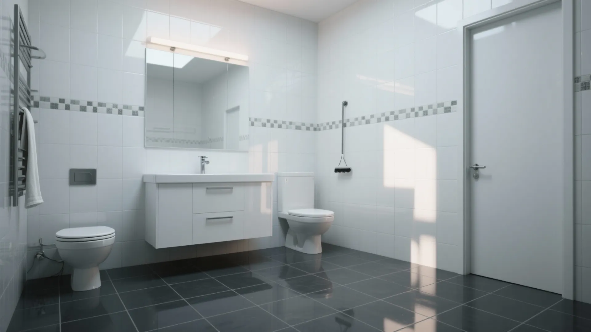5. Matte charcoal floor with glossy white wall tiles
