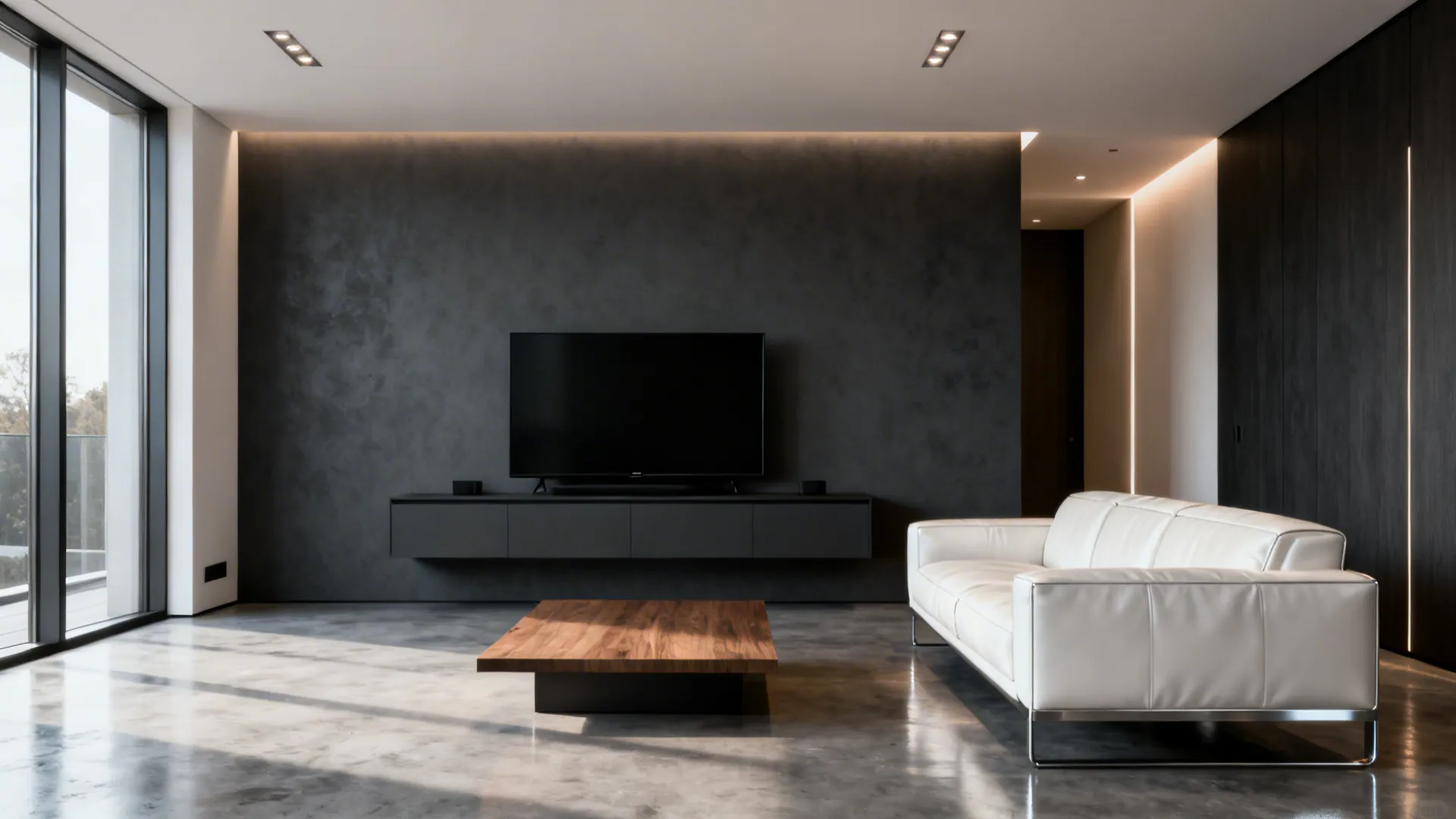 Modern living room with a charcoal gray accent wall and a floating media unit