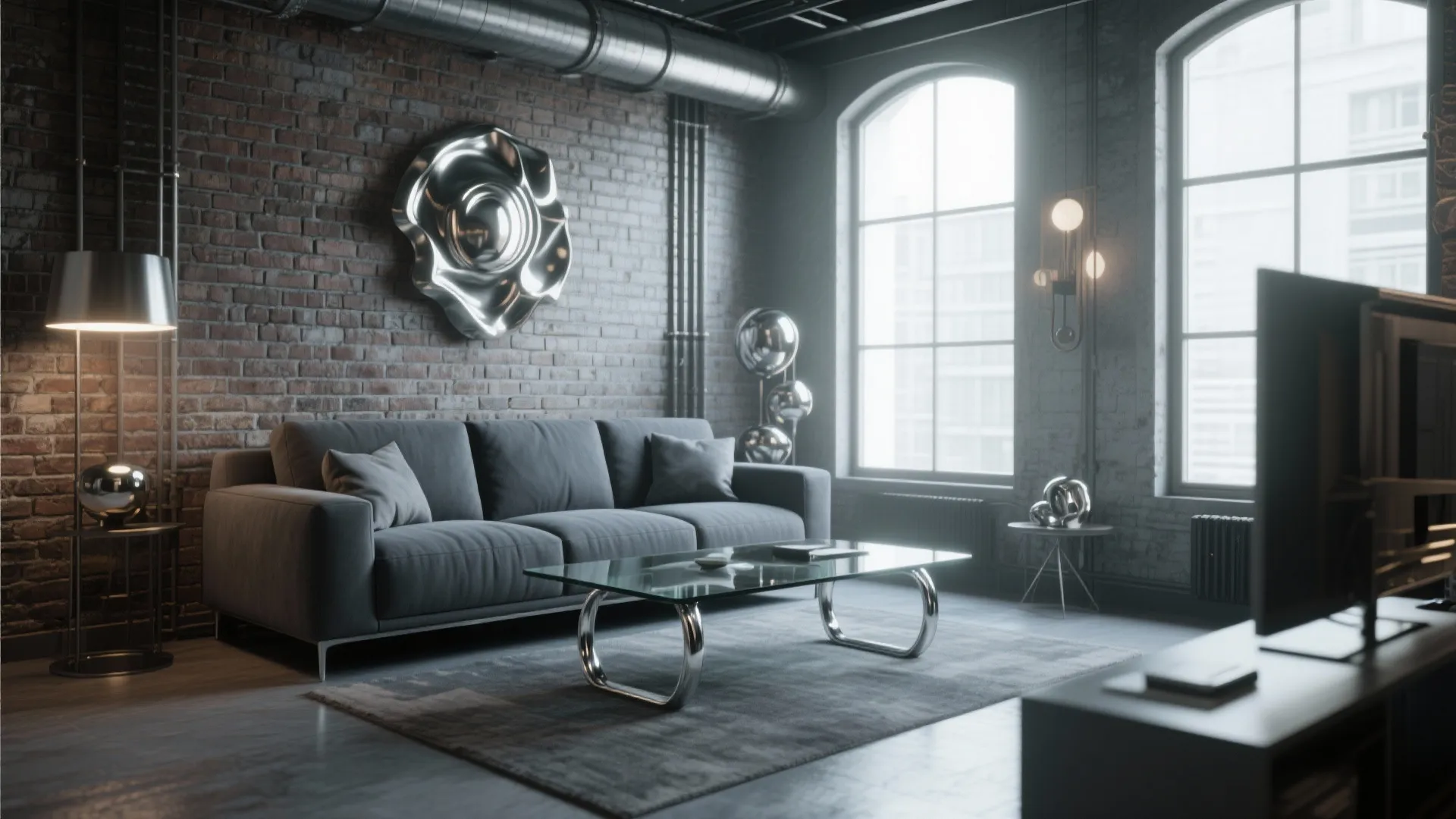 Industrial living room with brick walls grey sofa glass coffee table and metal wall art decor