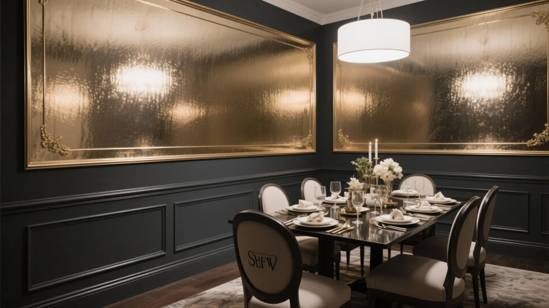 Charcoal below chair rail with metallic champagne above