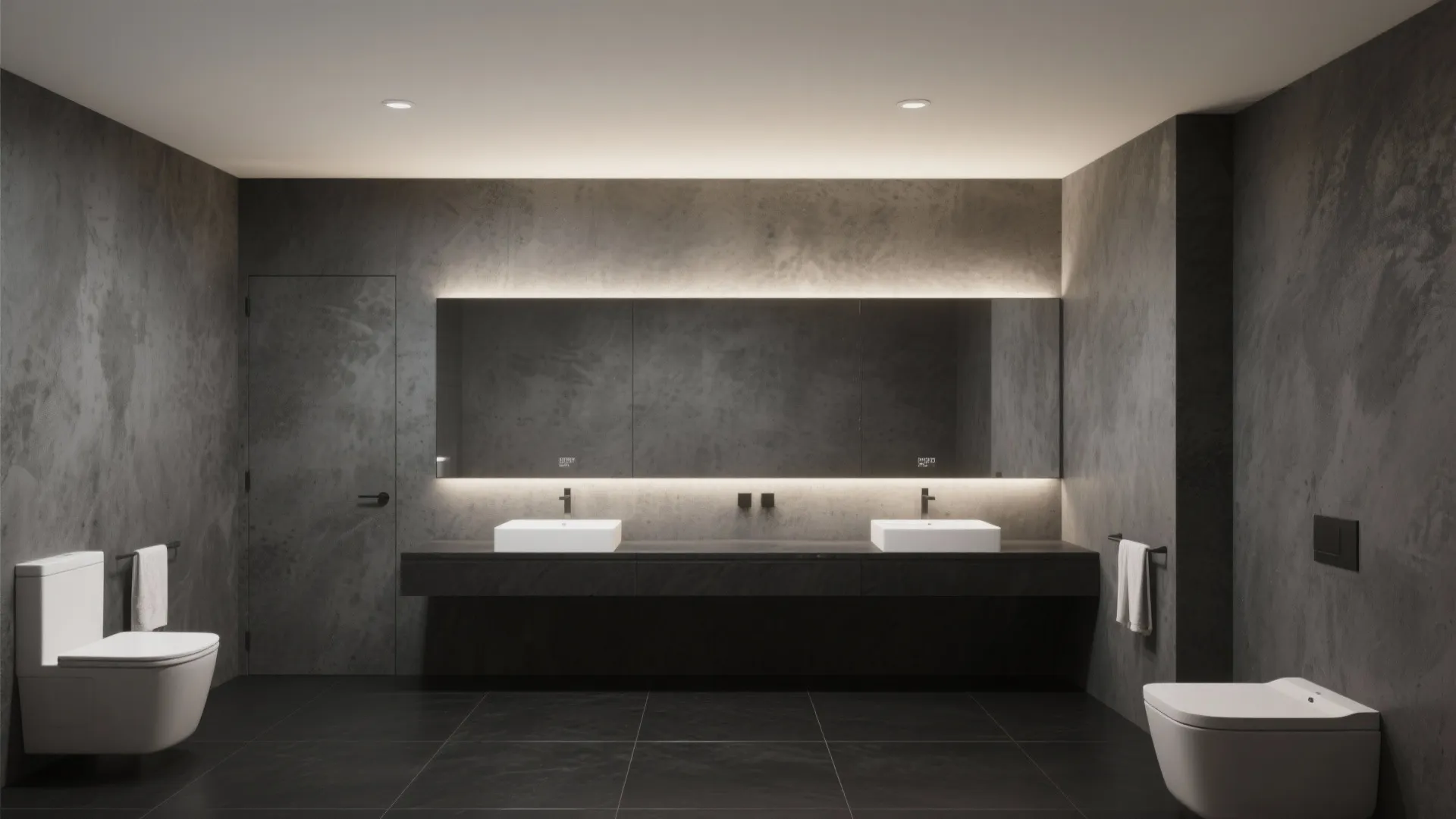 Charcoal Microcement Walls + Linear Lighting and Big Mirror