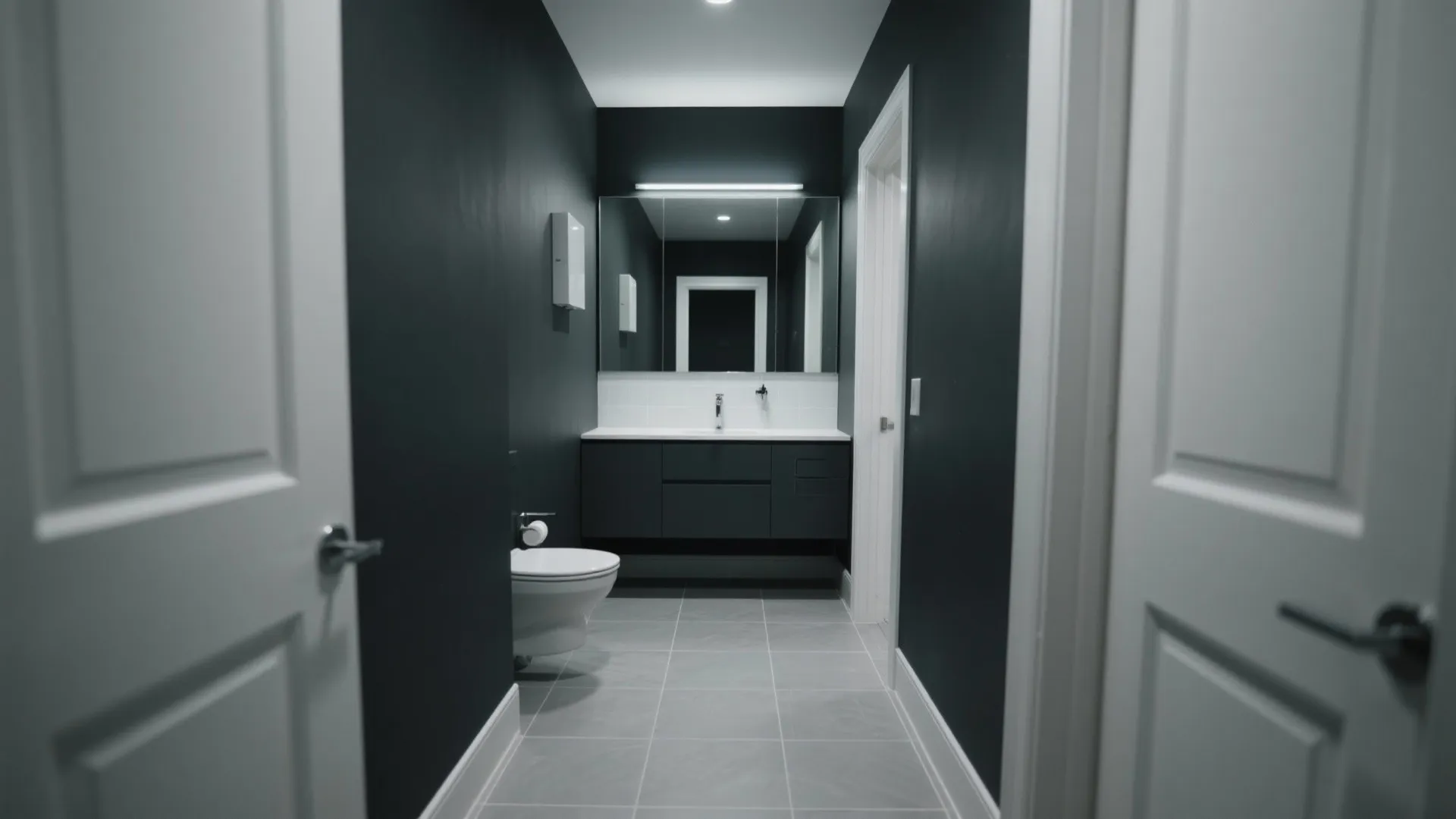 Charcoal Walls, Light Floors, and an Oversized Mirror