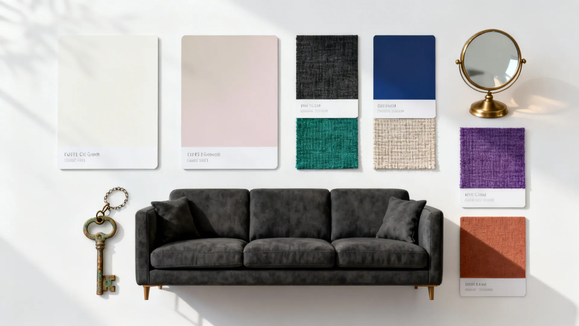 Moodboard flatlay of paint swatches, fabric samples and props for styling a charcoal sofa.