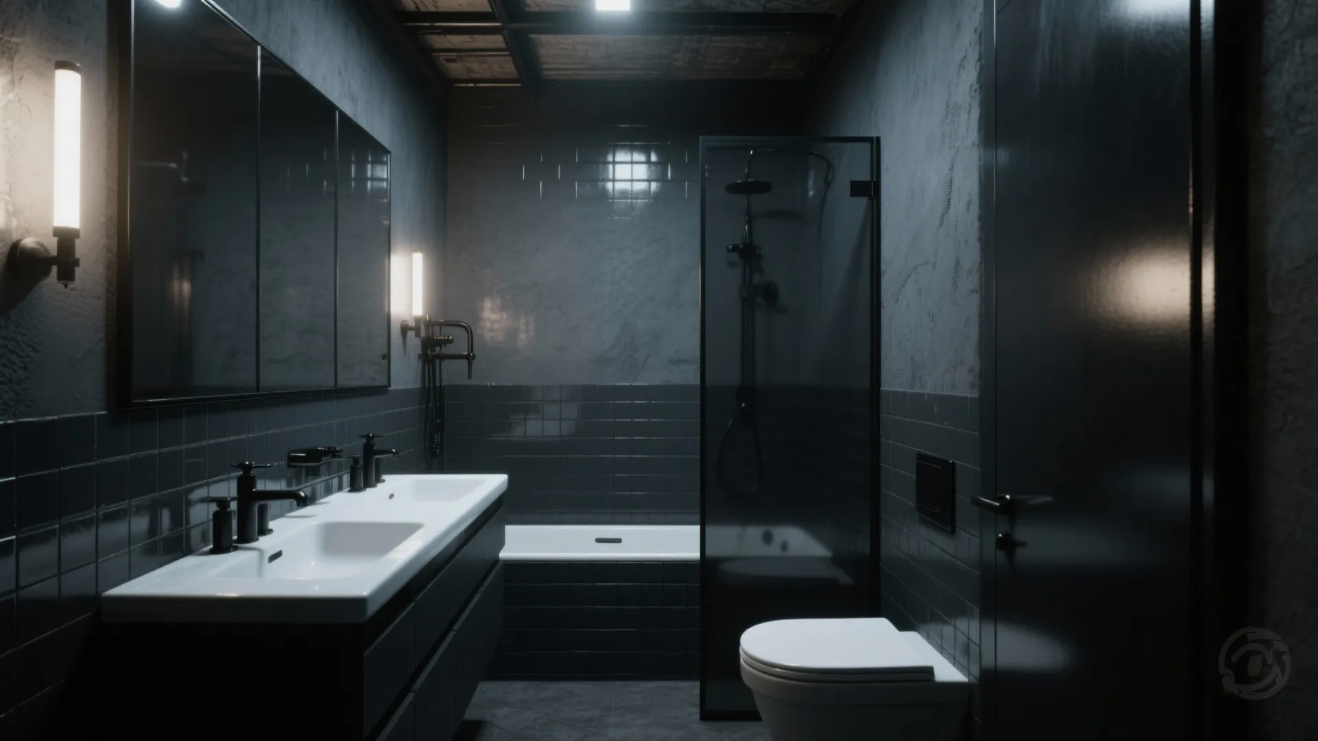Loft bathroom painted charcoal on walls and ceiling with glossy tile and strong task lighting