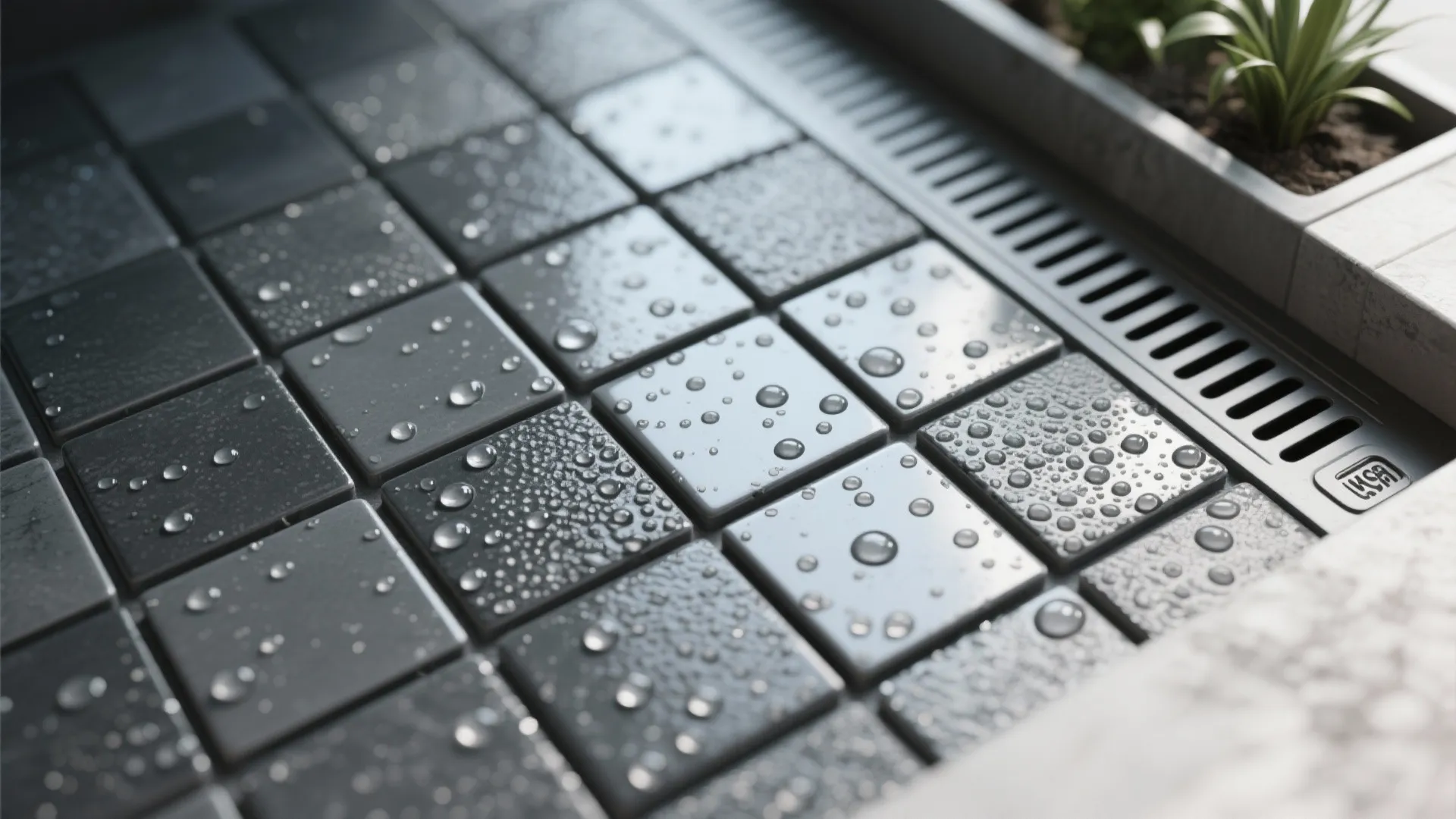 Macro of charcoal porcelain mosaics with water beads, linear drain, and plant tray.