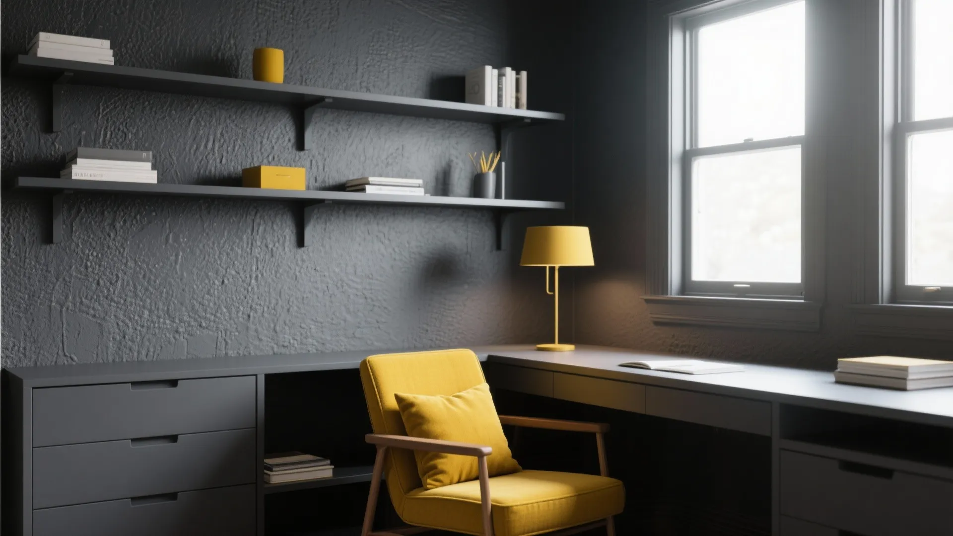 Modern dark grey home office featuring yellow chair desk table lamp and open wall shelves