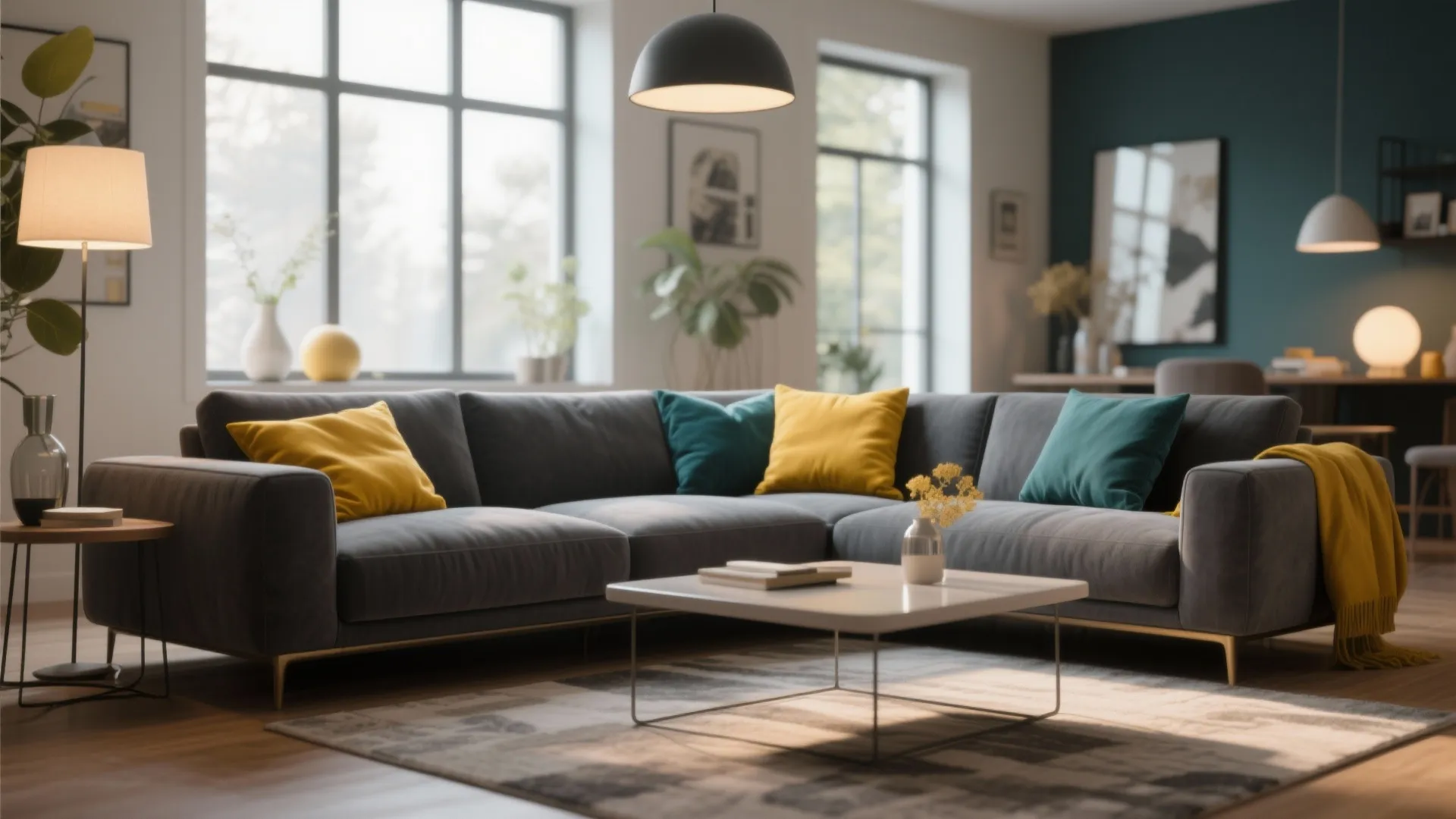 Grey corner sofa with yellow and teal pillows white coffee table and black ceiling light fixture
