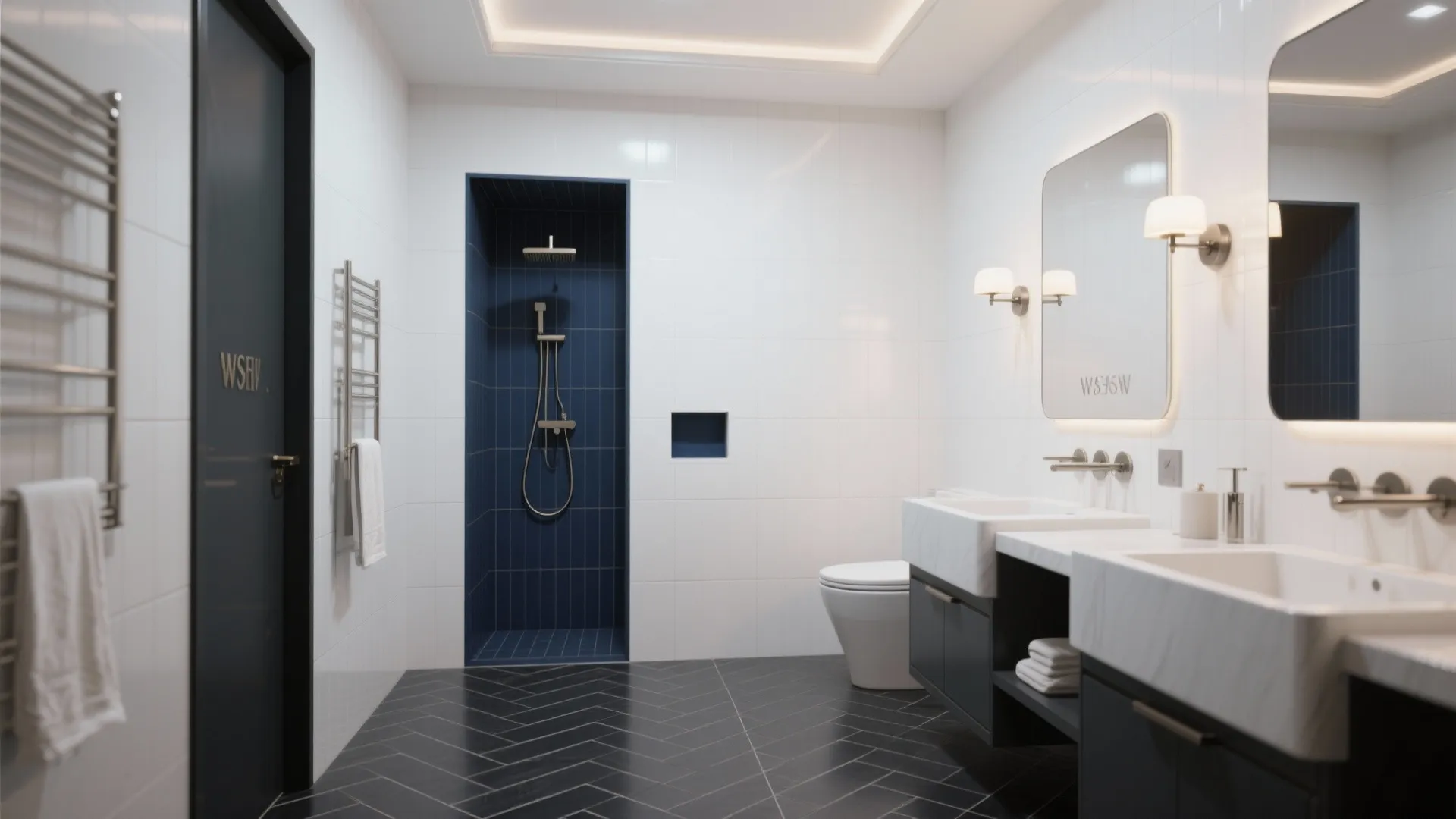 Modern bathroom with navy blue shower area white wall tiles dark floor and double sinks