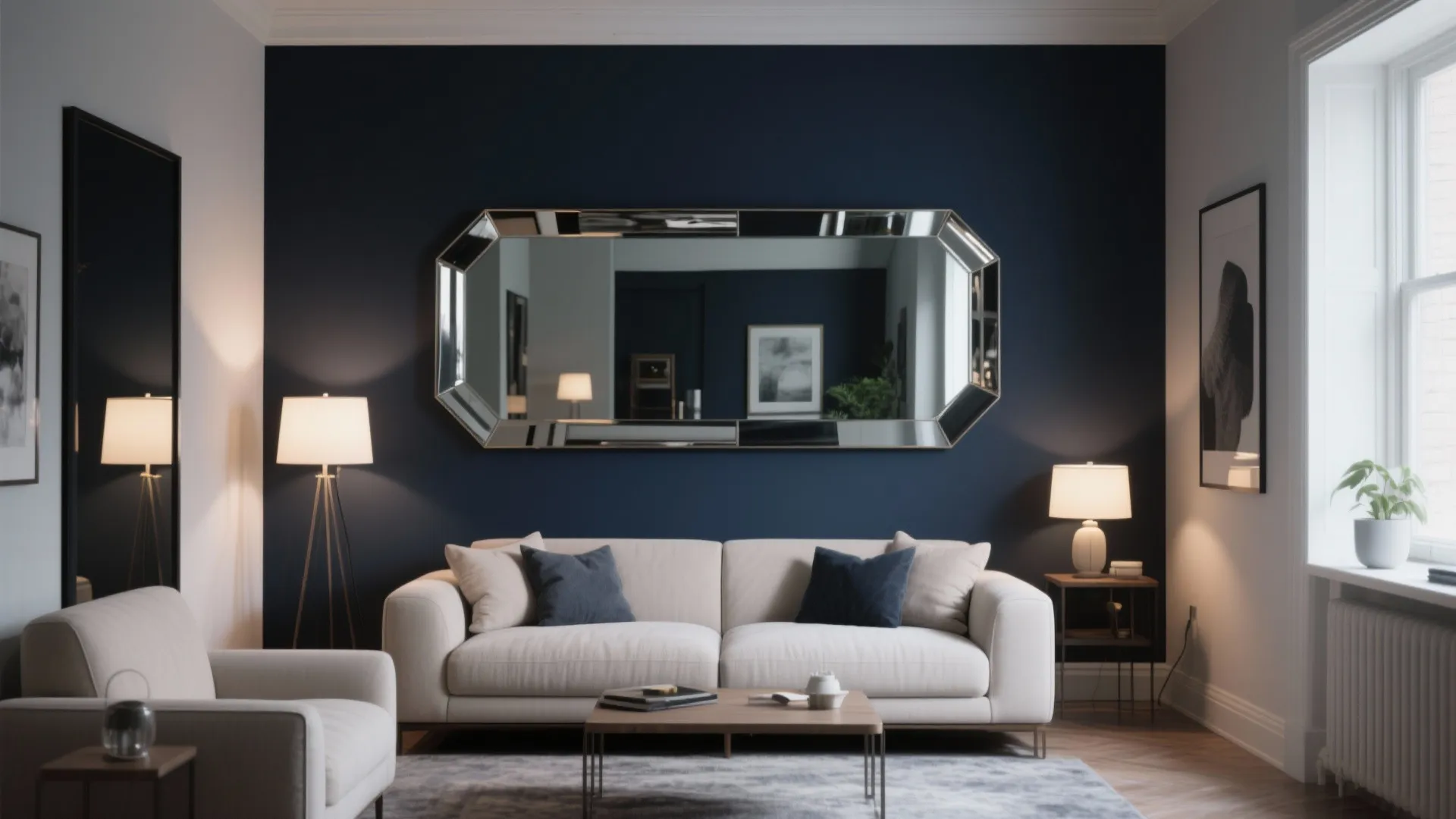 Small room with a moody deep charcoal/navy accent wall, mirror and glossy frames to reflect light, and light-neutral furnishings.