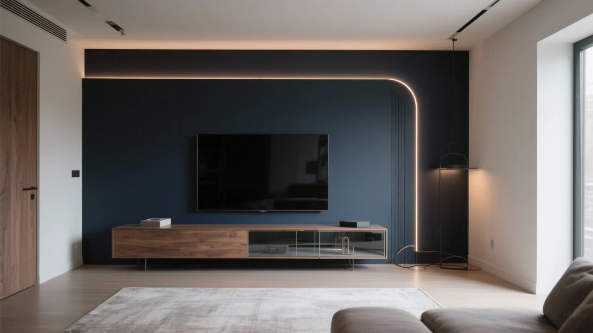 Deep Charcoal or Navy Feature Wall with Floating Console + Backlighting
