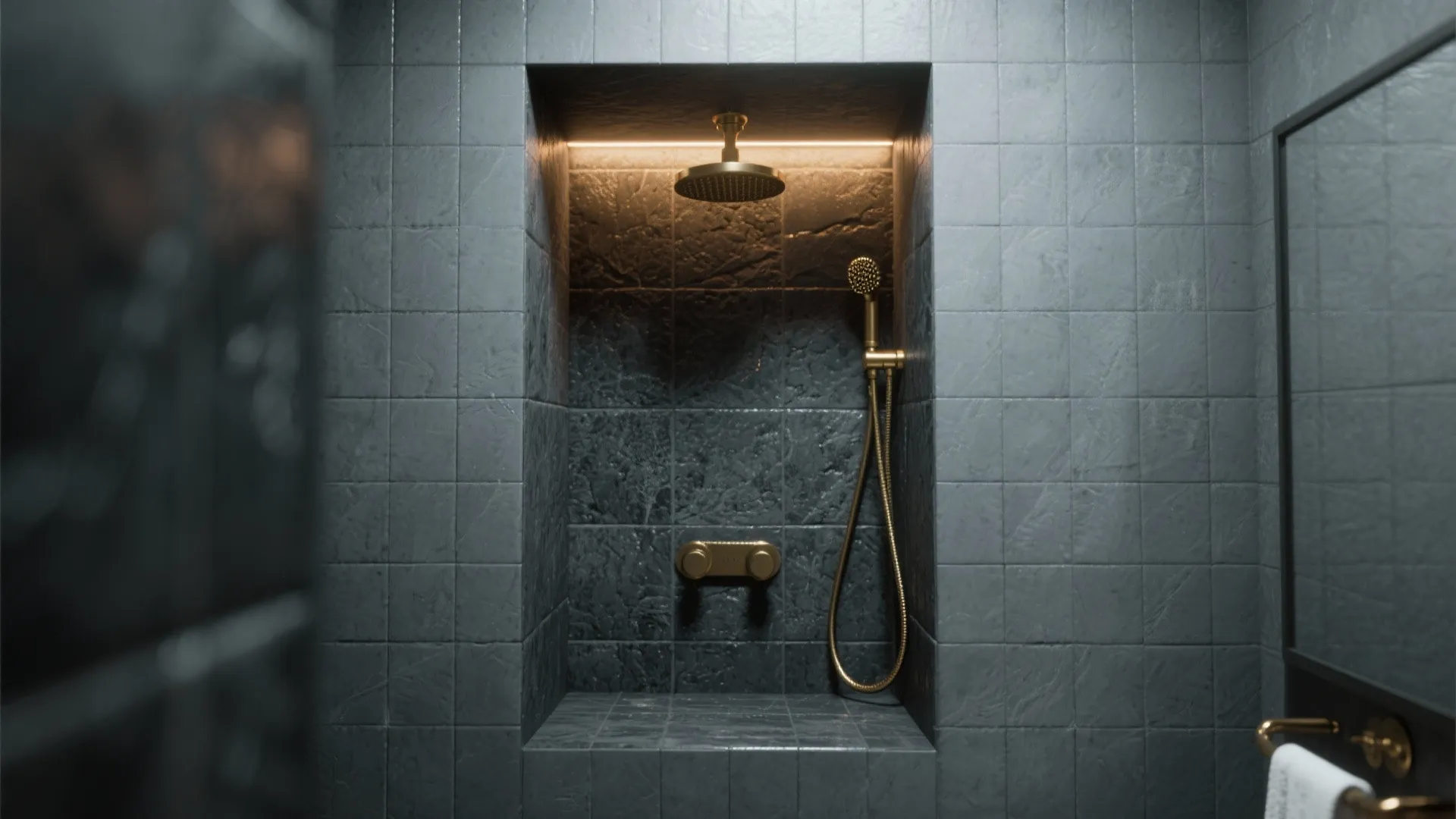 Modern dark grey shower with gold light fixture gold hand shower and recessed wall shelf