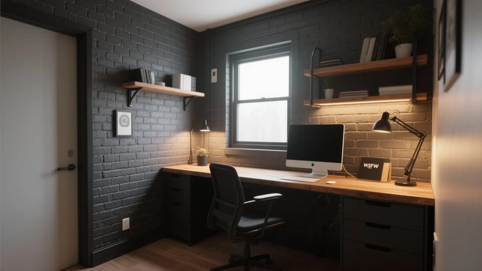 Modern home office with black brick walls wooden desk black chair computer and wall lights