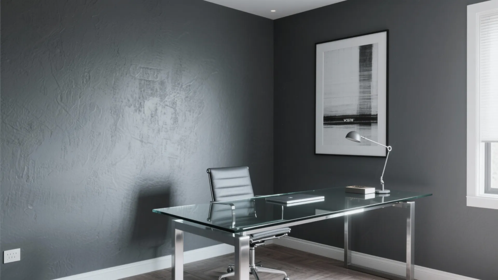 Modern home office with dark grey walls, glass desk, black leather chair, lamp and art