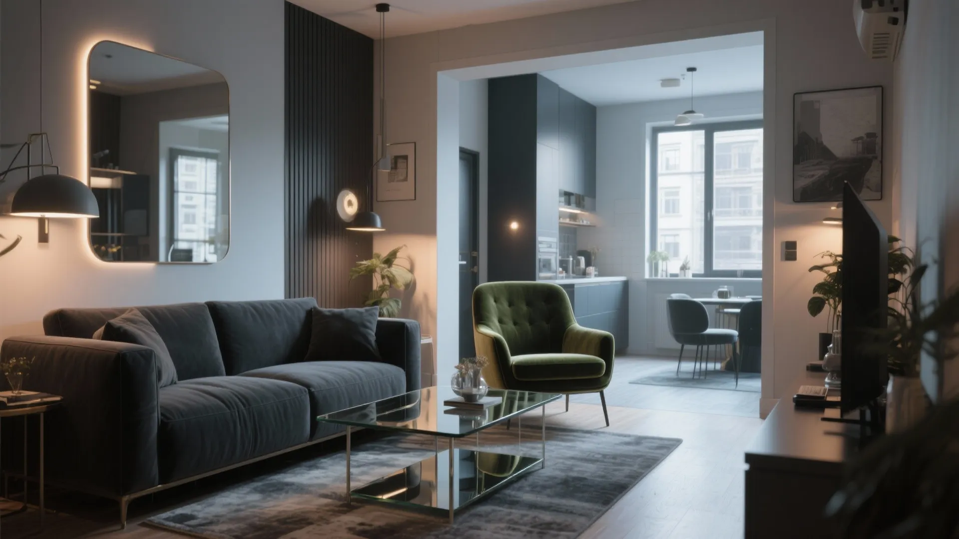 2. Cool Charcoal Base + Olive Statement Pieces