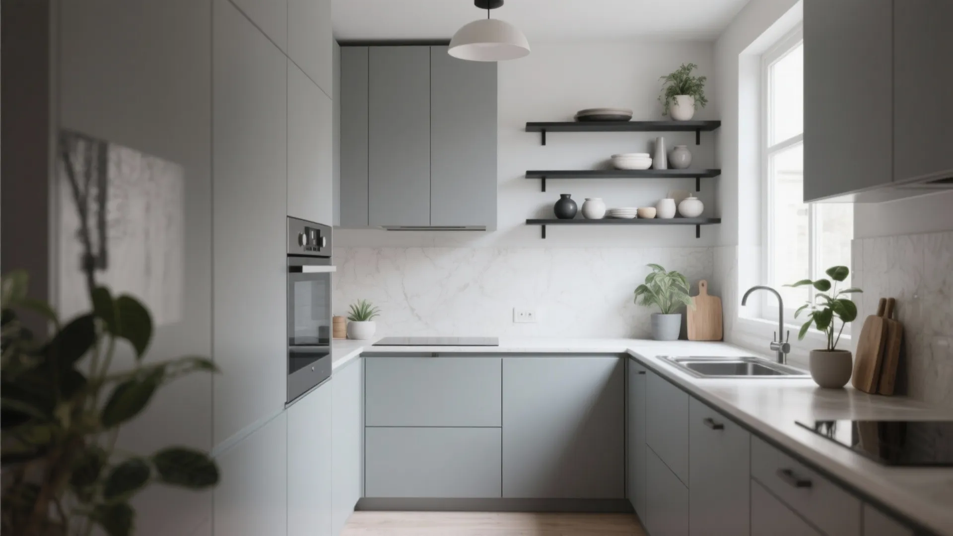 Modern grey kitchen with white marble wall, black open shelves, ceiling light, and potted plants