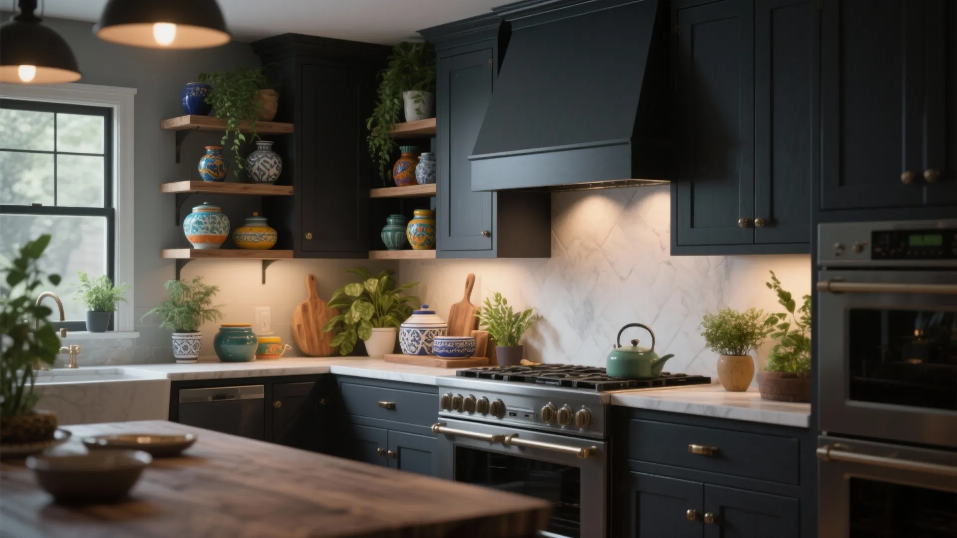 Dark blue kitchen cabinets with wooden open shelves colorful jars green plants and marble wall tiles