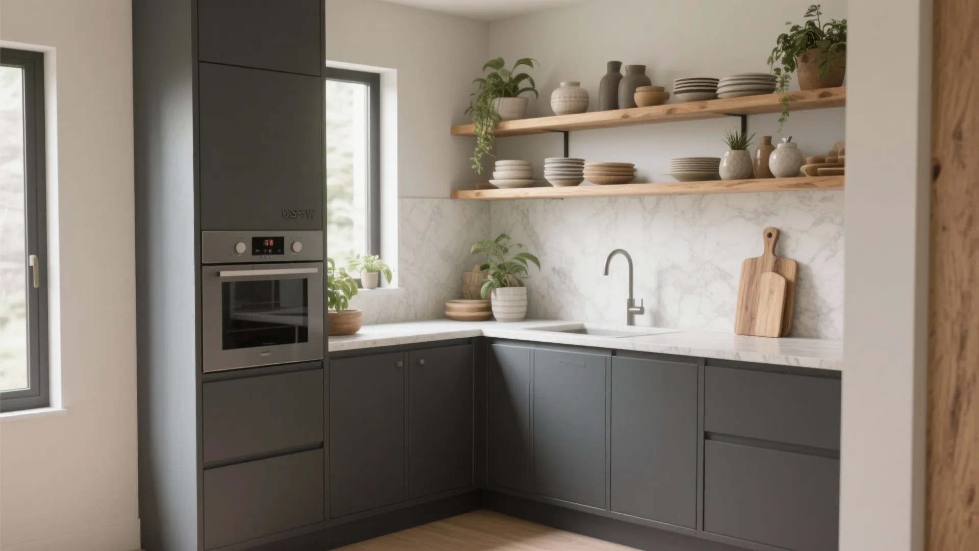 1. Matte charcoal cabinets with warm wood open shelving