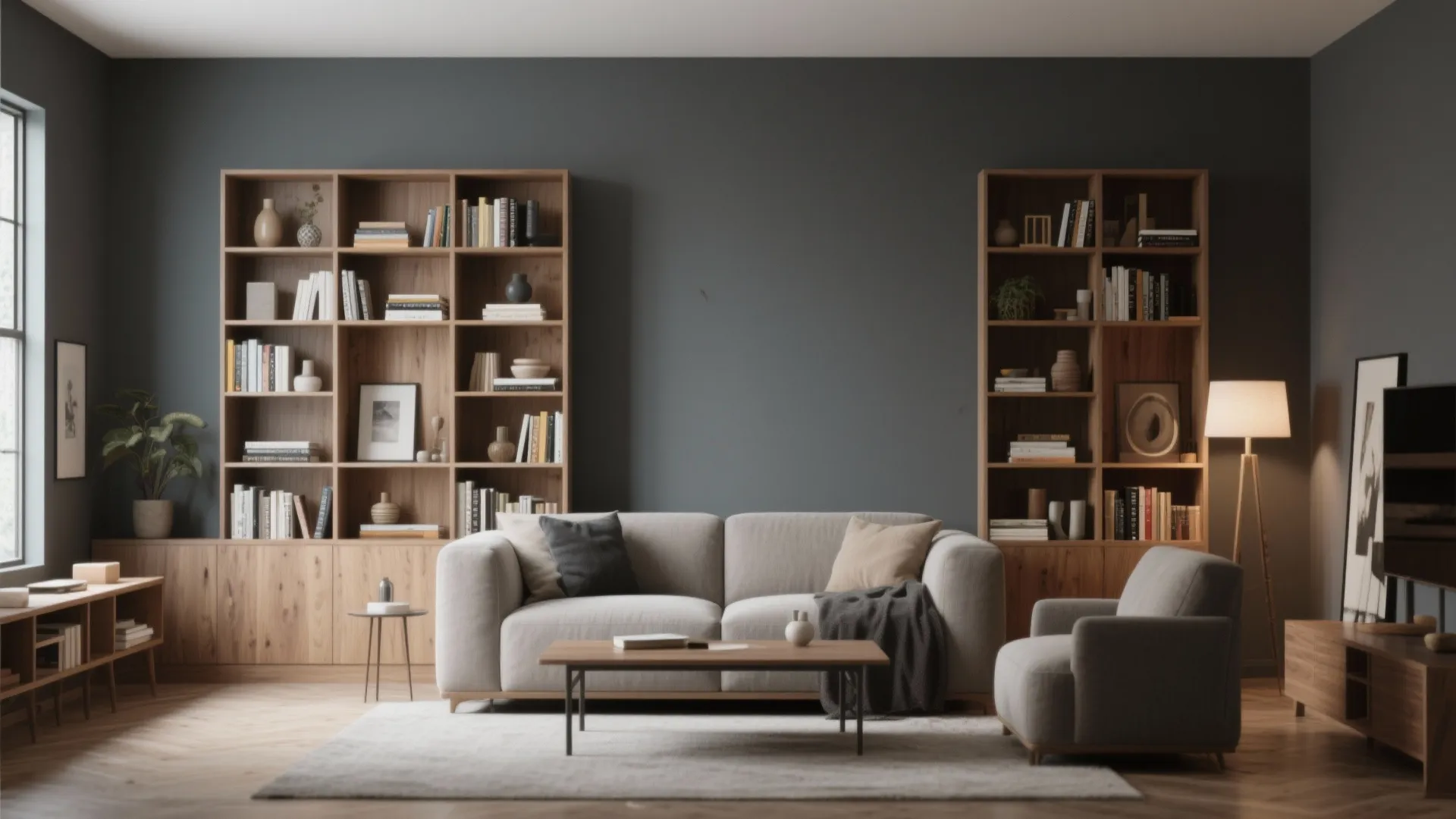 9. Open Shelving with Dark Backdrop