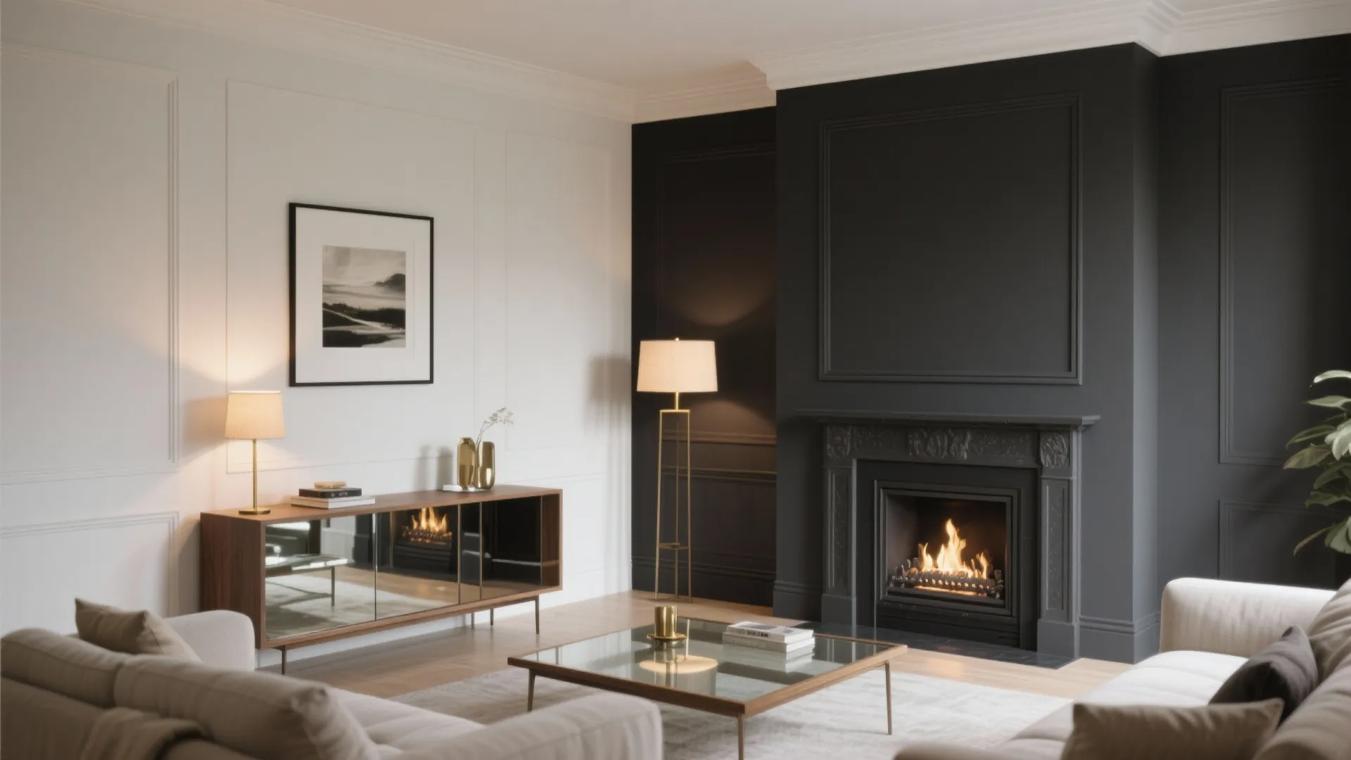 Luxury living room featuring black fireplace wall wooden cabinet glass coffee table and light sofas
