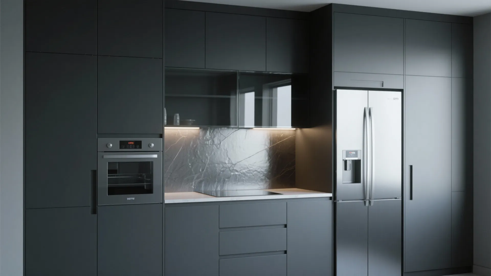 3. Charcoal full-height pantry with integrated appliances