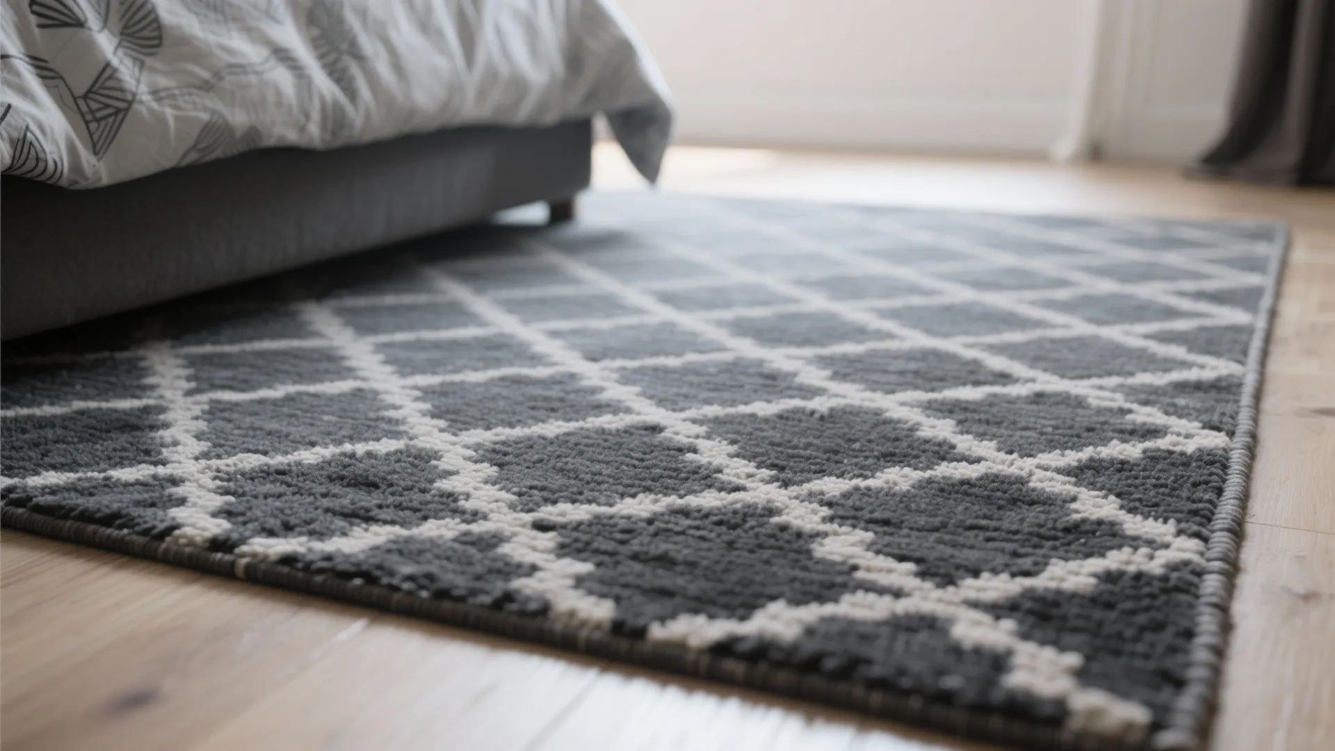 Charcoal rug with subtle geometric pattern shown in close detail