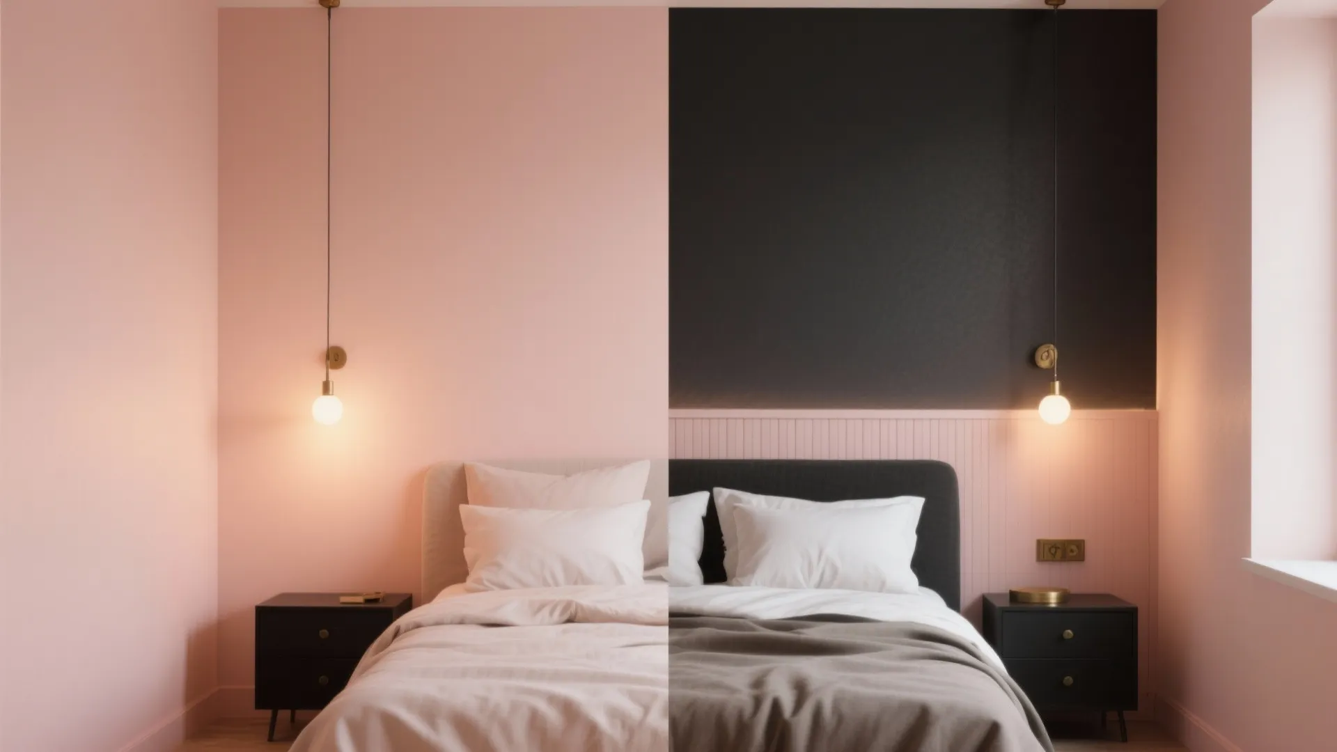 Bedroom split screen showing before and after pink design versus dark paint and wall panel