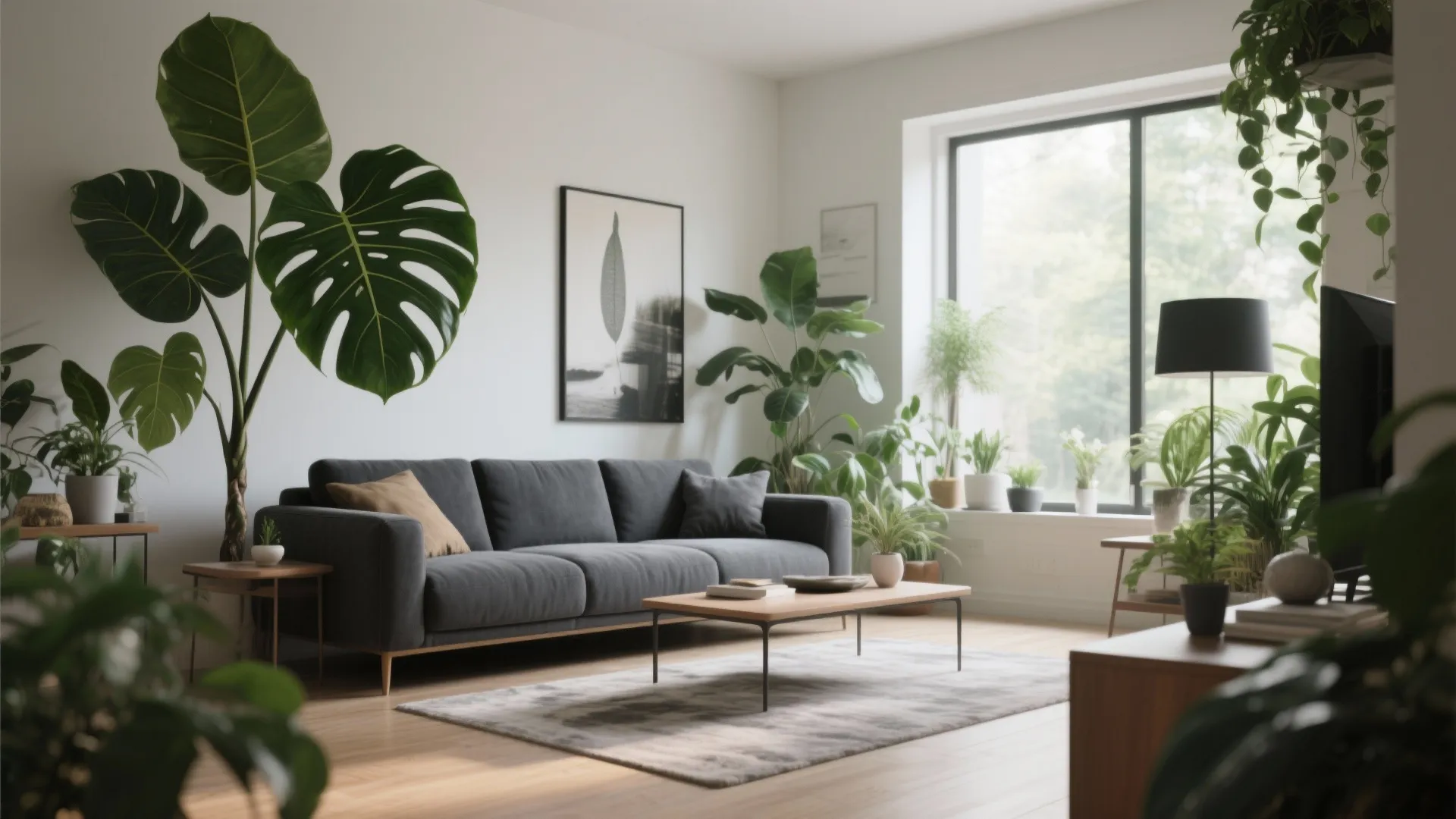 Modern living room with dark grey sofa wooden coffee table many green plants and natural light