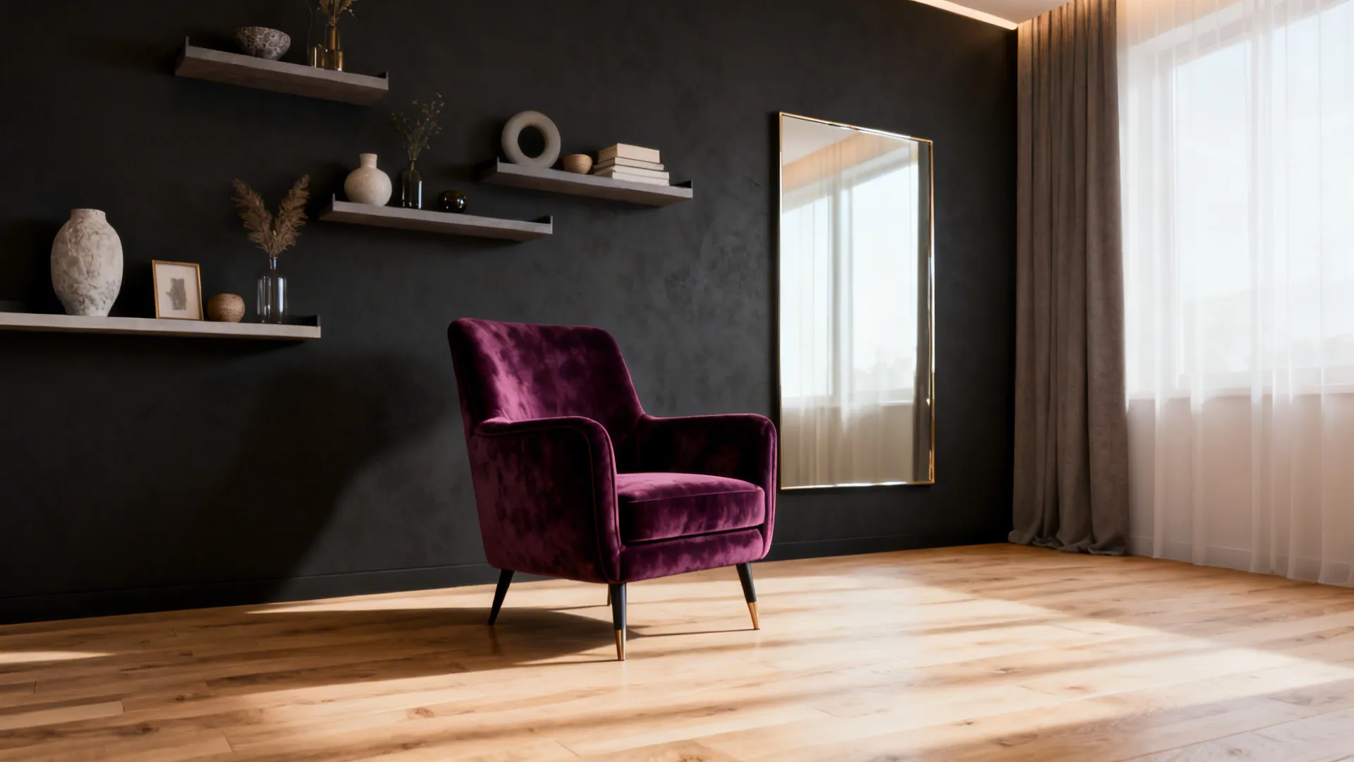 Living room with a charcoal accent wall and a plum velvet armchair, light wood floor and mirror.