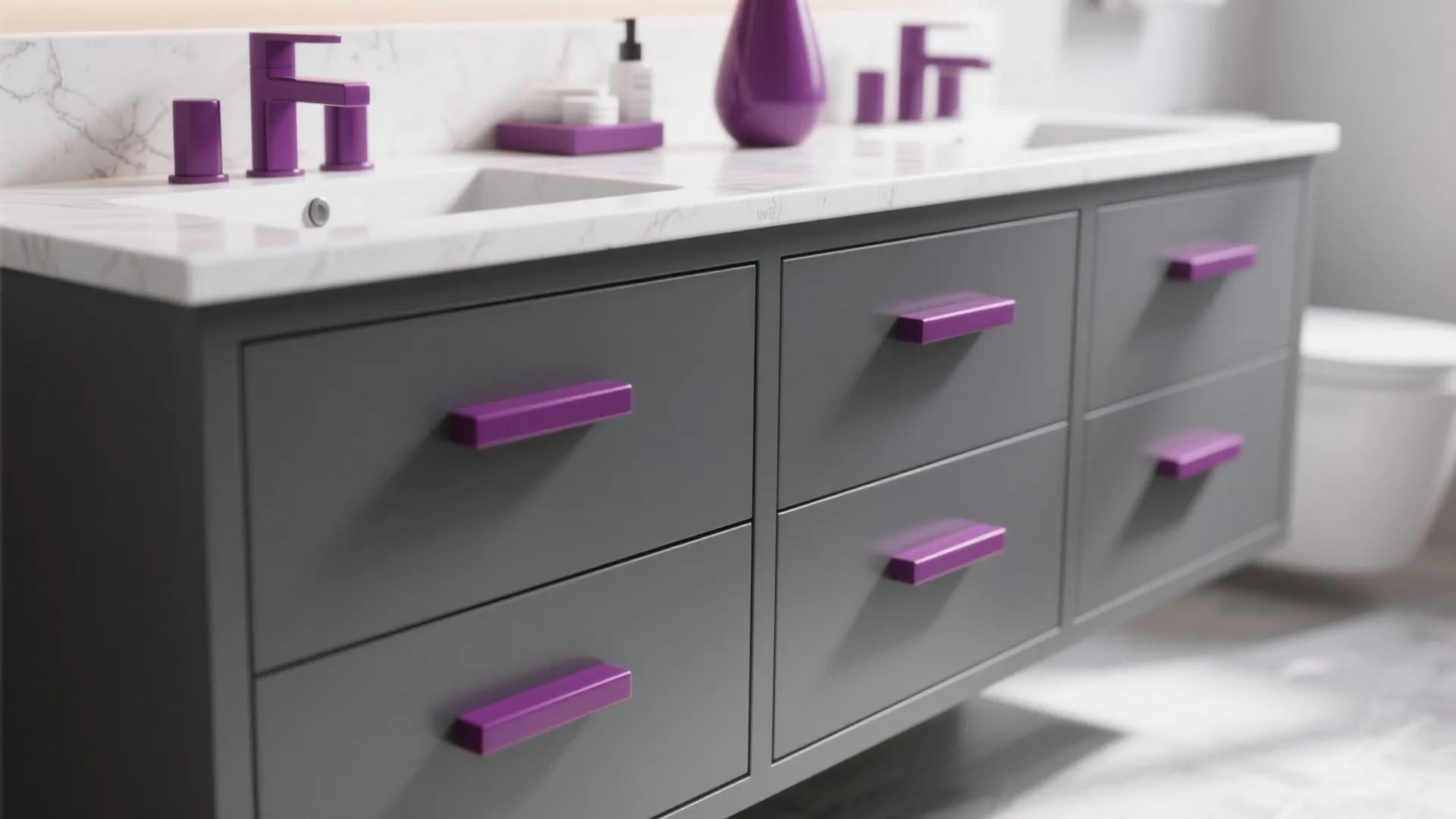 Modern grey cabinet with purple handles white marble countertop and purple faucet in a bathroom