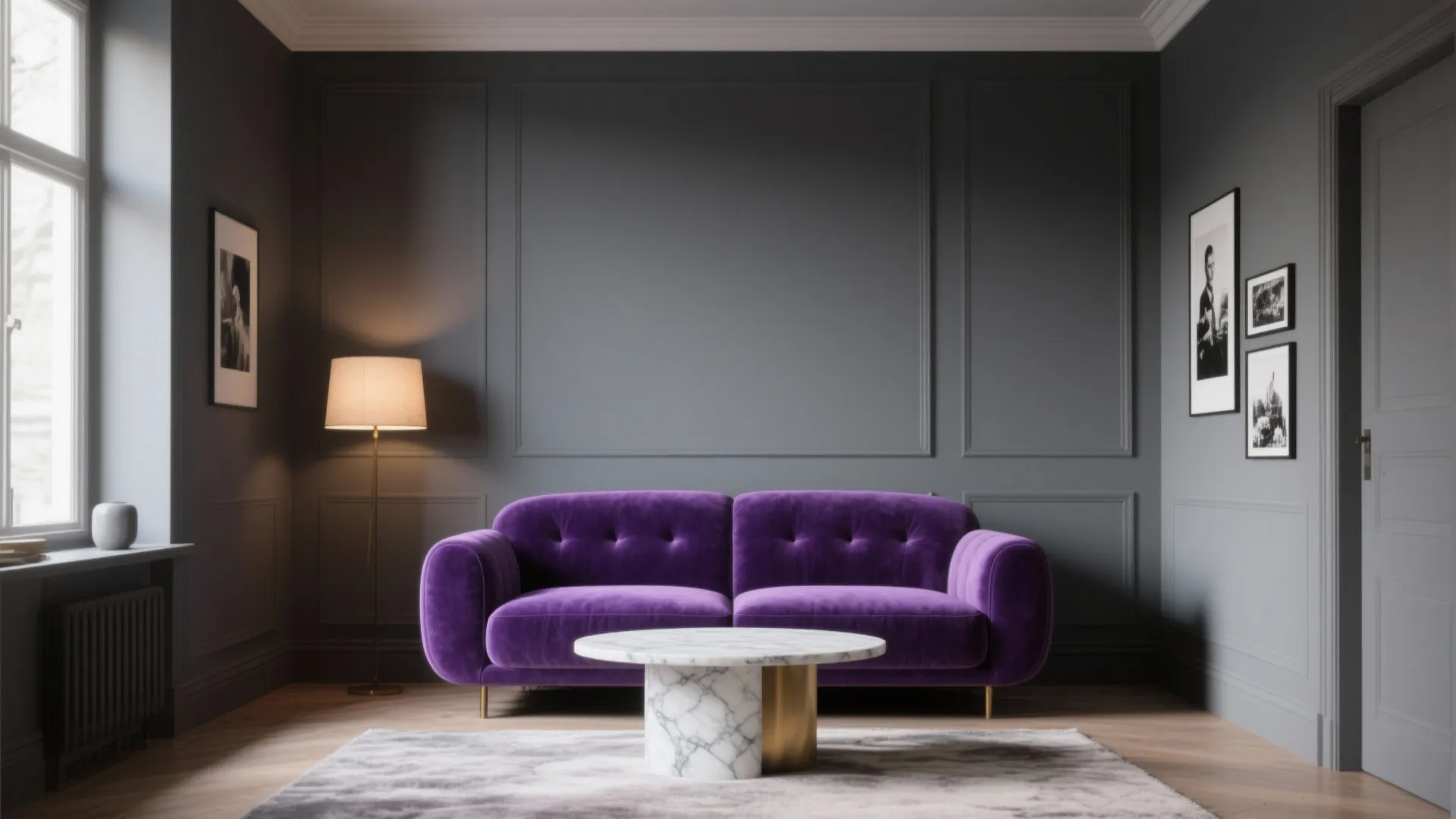 Grey living room featuring purple sofa marble coffee table floor lamp and wood style floor