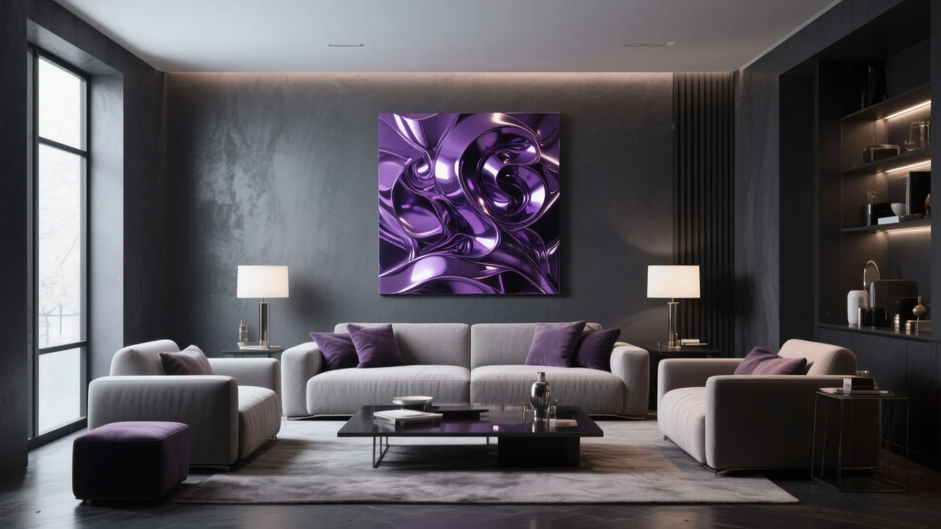 8. Charcoal Grey Walls with Metallic Purple Art