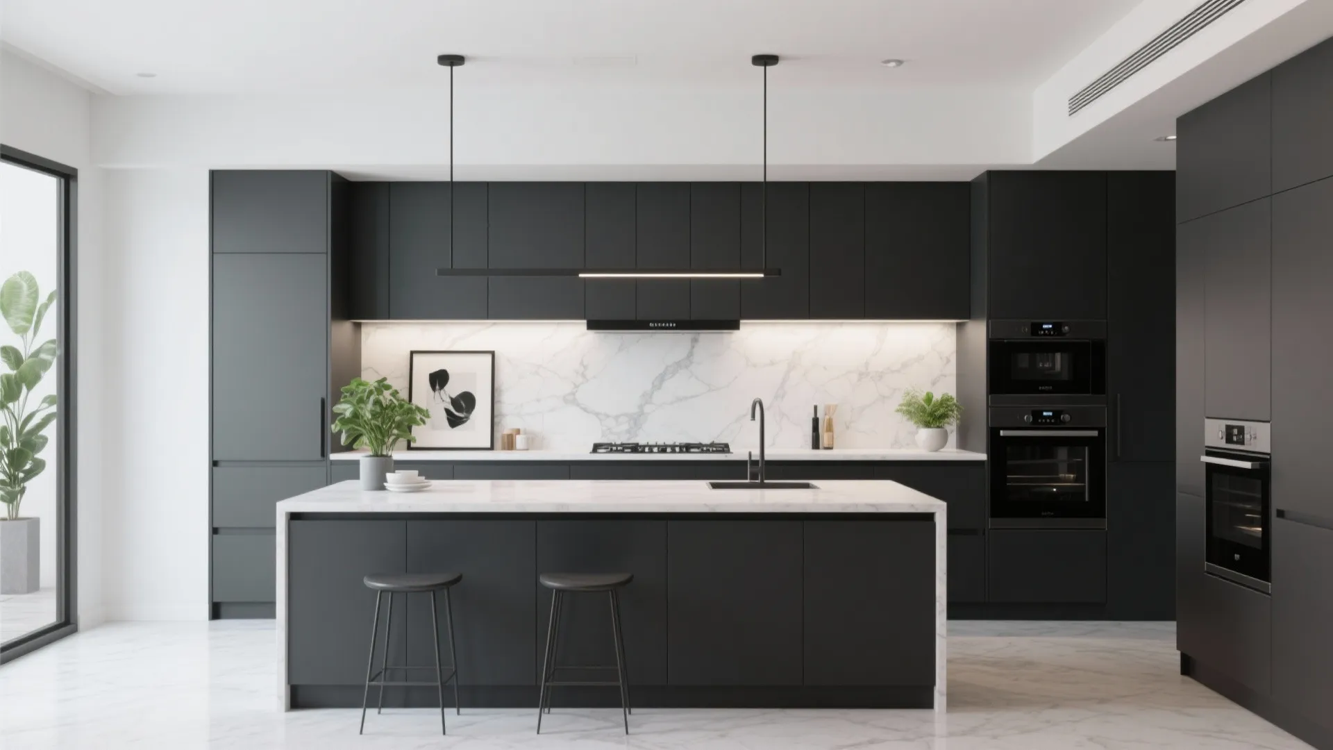 4. Charcoal Cabinets + Light Quartz Backsplash