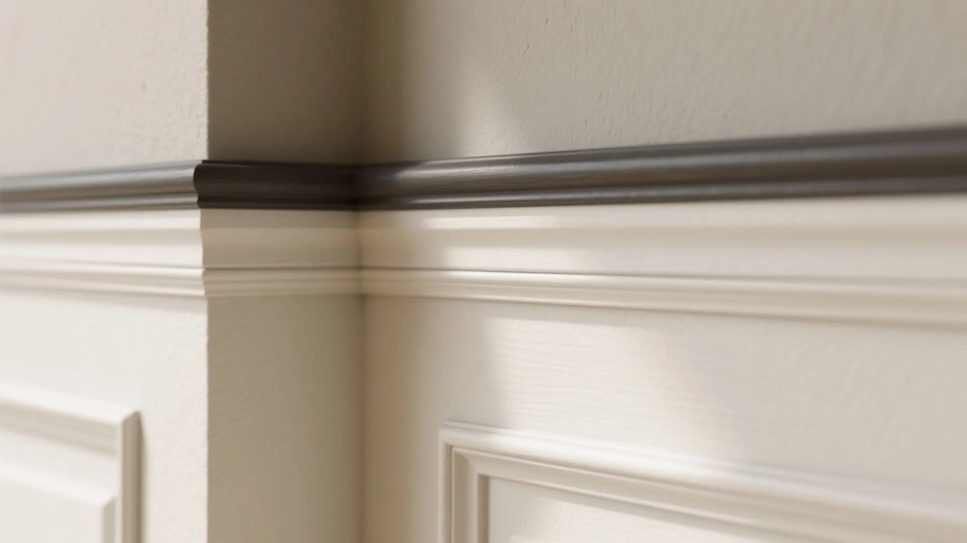 Close up view of white wall panel with a dark brown wood rail on top surface