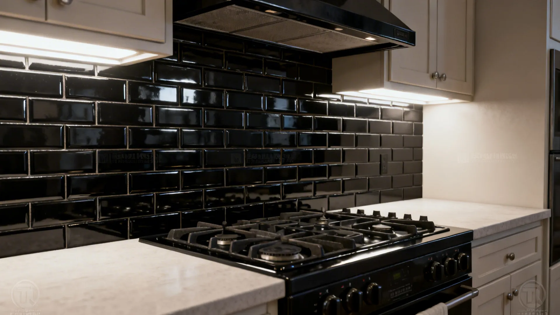 Glossy charcoal stacked tiles behind a compact kitchen range with bright task lighting.