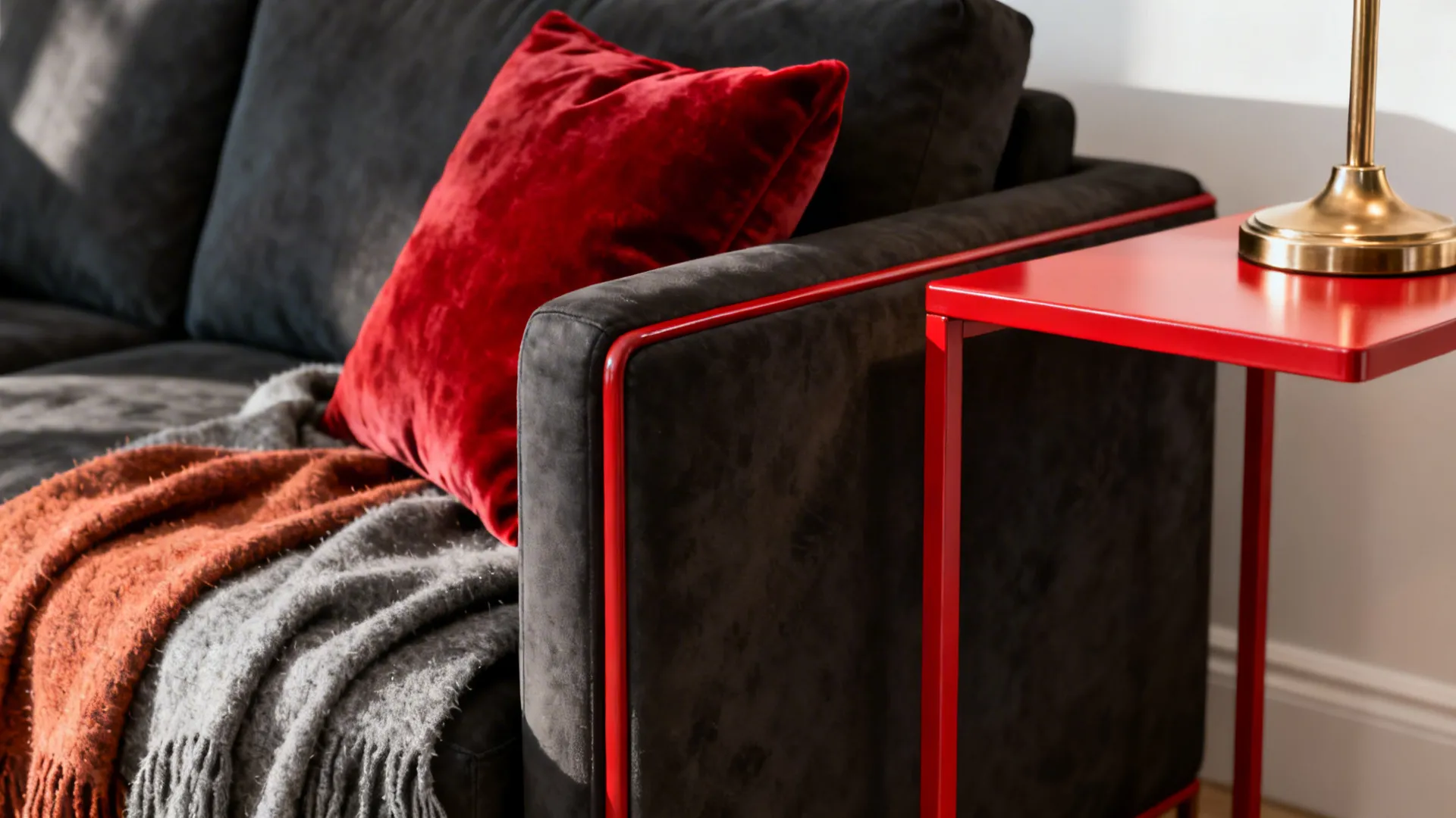 1. Anchor with deep charcoal and add red as punctuation