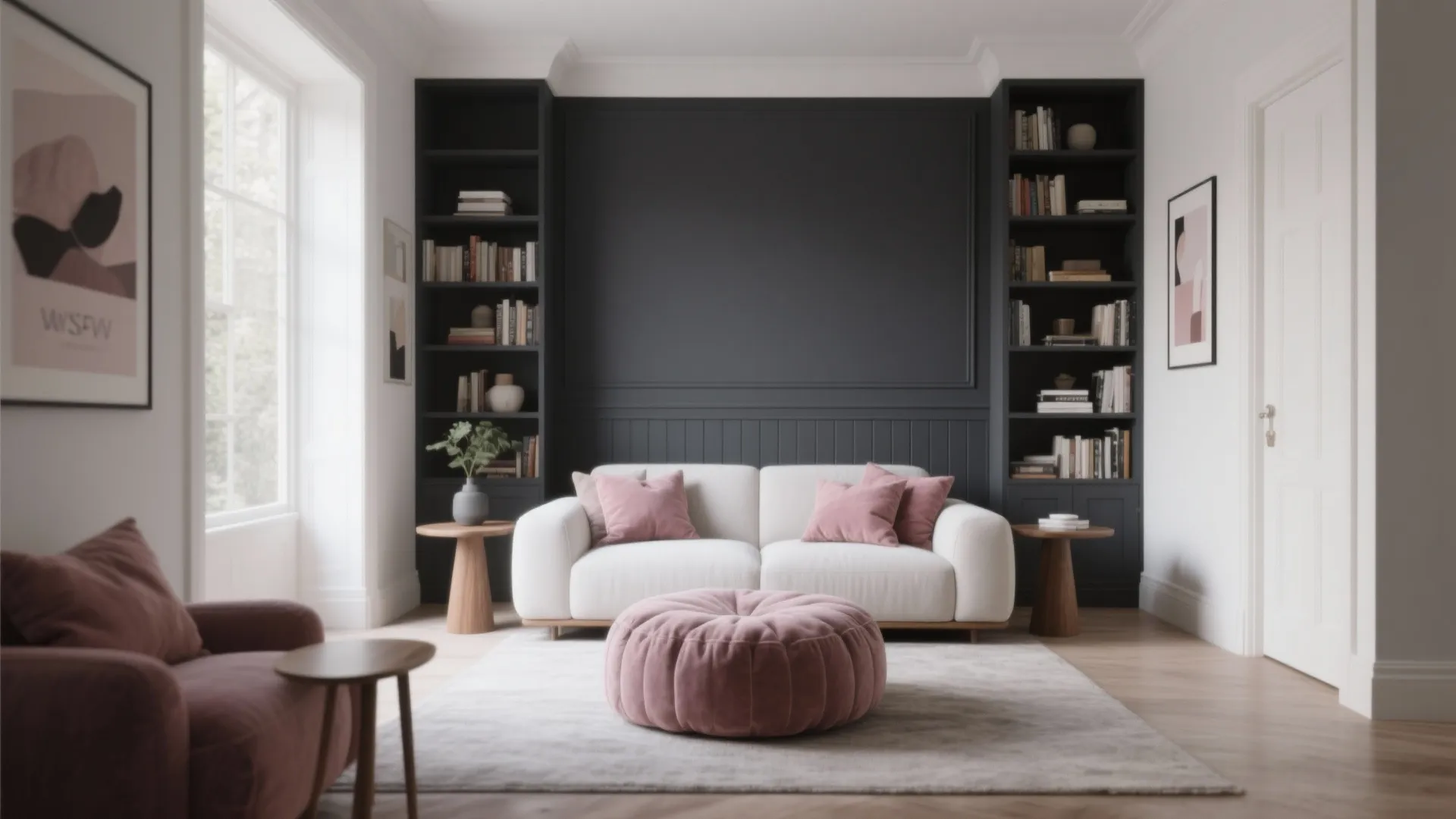 Modern living room with white sofa pink footrest dark wall panels bookshelves and wooden side tables