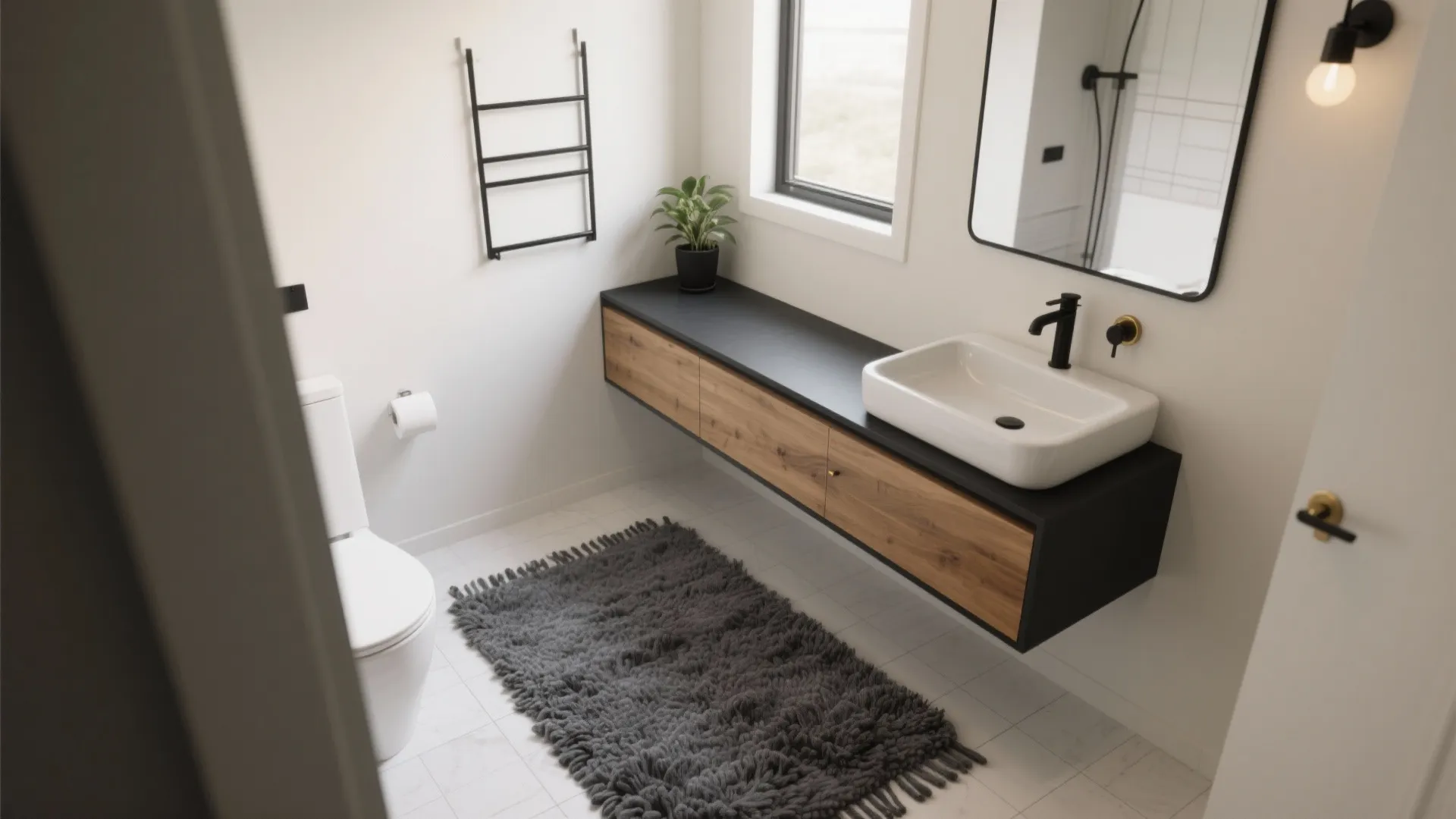 Modern bathroom with white toilet wooden cabinet white sink black faucet and grey shaggy rug