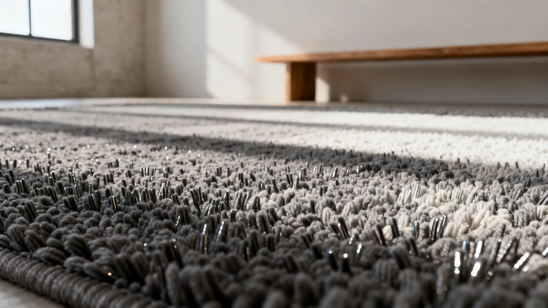 Macro view of a charcoal hand-tufted rug showing pile and weave in natural light