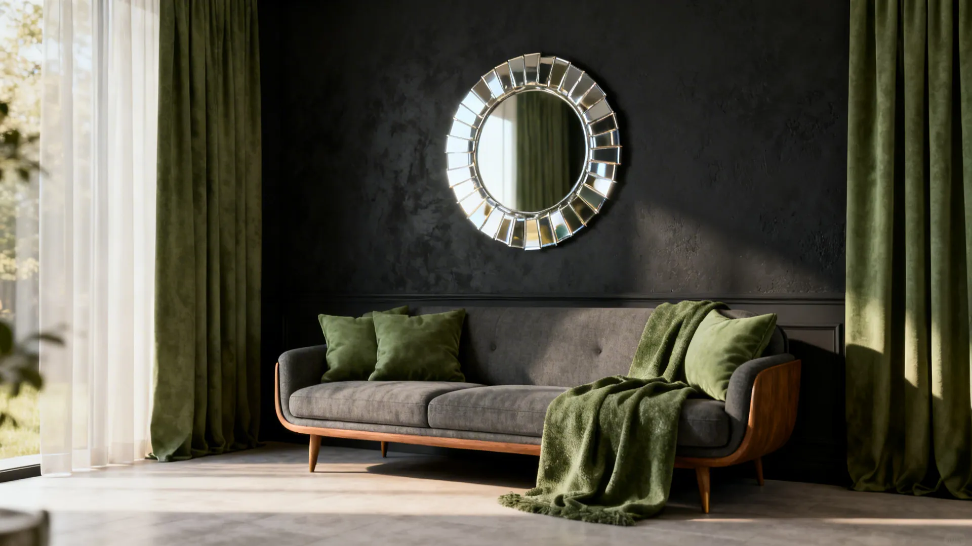 2. Charcoal Feature Wall and Sage Textiles