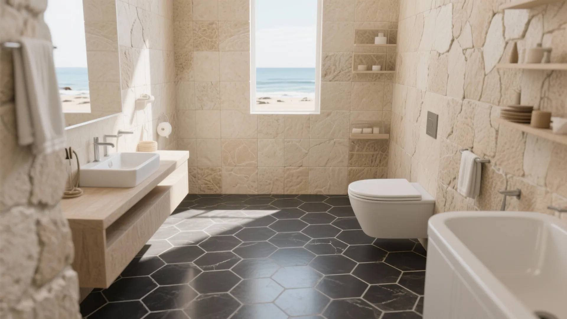 Bright bathroom with stone walls white toilet black floor tiles and a clear view of ocean