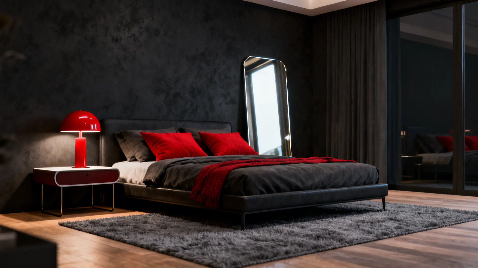 Bedroom with a charcoal accent wall and scarlet accessories, including throw pillows and bedside lamp