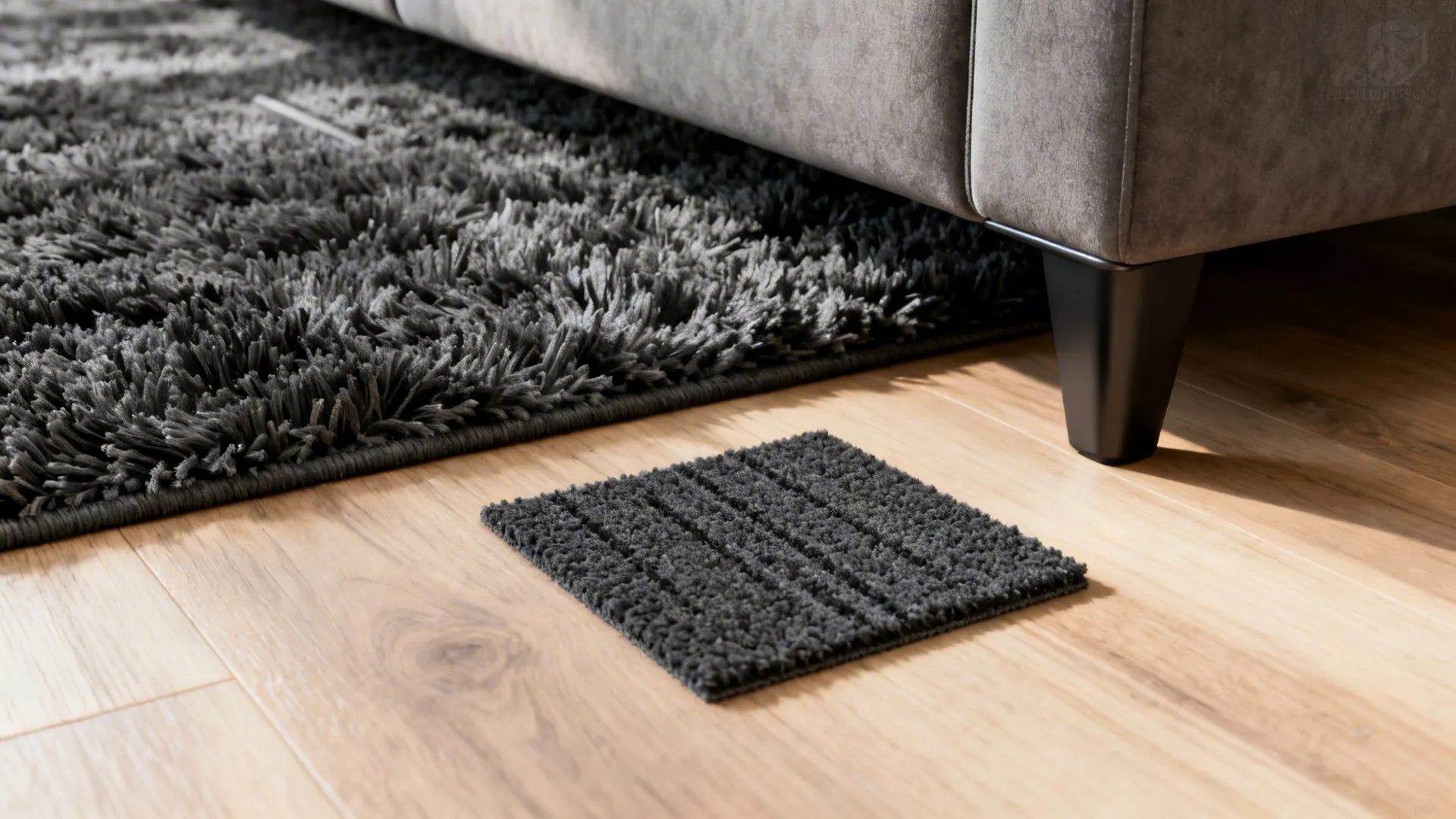 Close-up of charcoal shag rug fibers beside a low-profile charcoal loop swatch on wood floor.