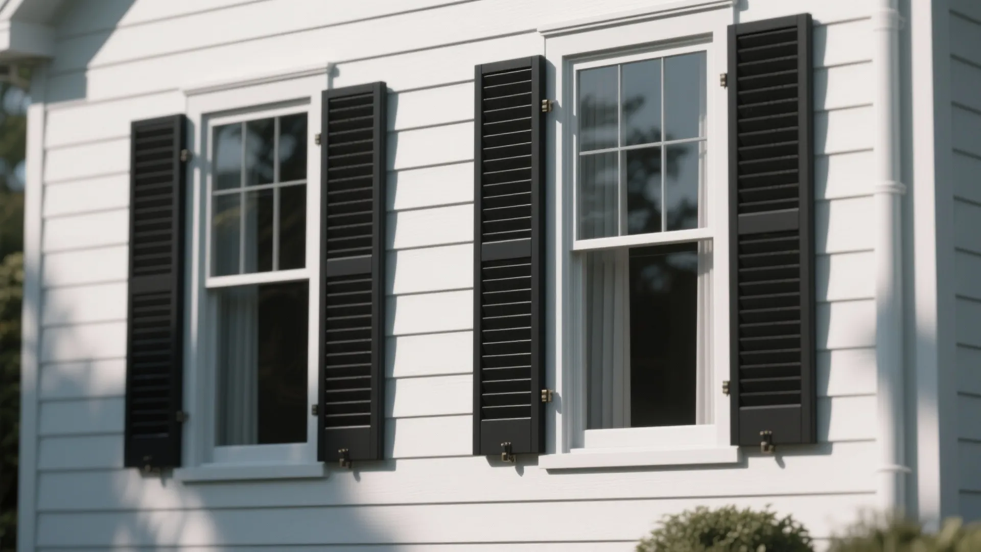 Close up of black window shutters on a white house with classic white window frames