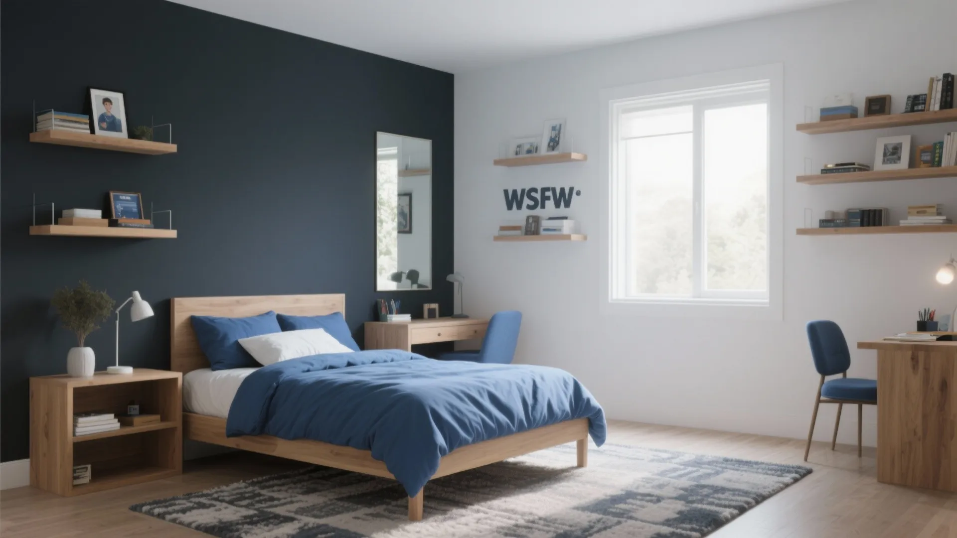 Charcoal Feature + Sky-Blue Balance (Modern Contrast)