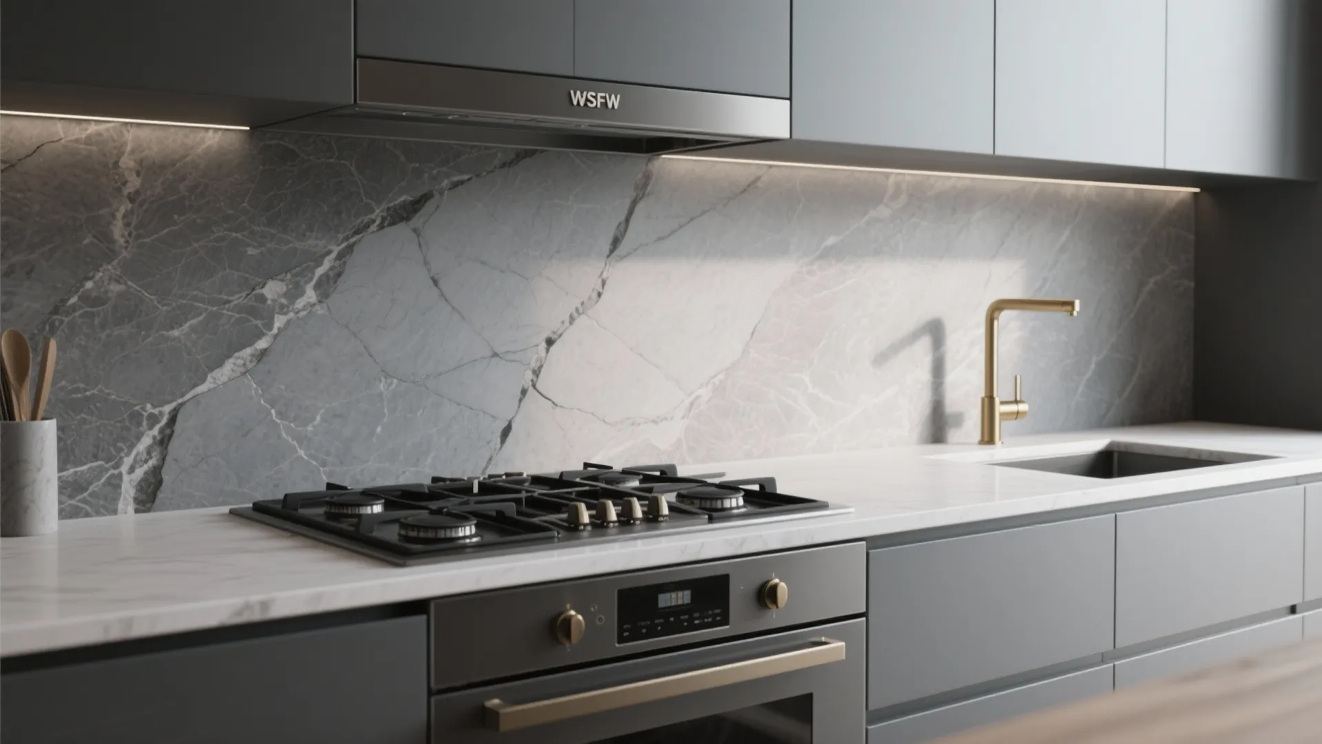 Minimalist cooktop backed by a light charcoal large-format slab backsplash.