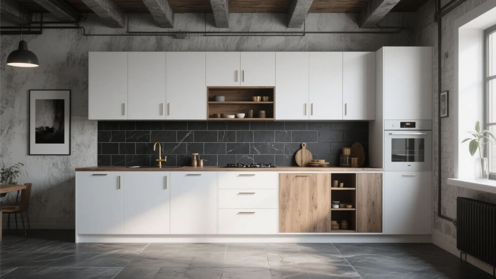 Industrial kitchen with dark stone wall white upper cabinets wood lower cabinets and grey flooring