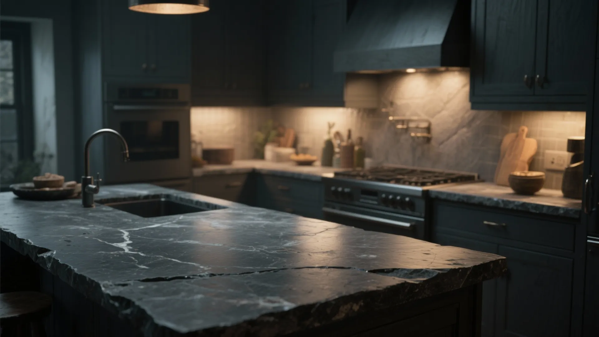 Dark kitchen design with black marble island black cabinets gas stove and warm light fixture lighting