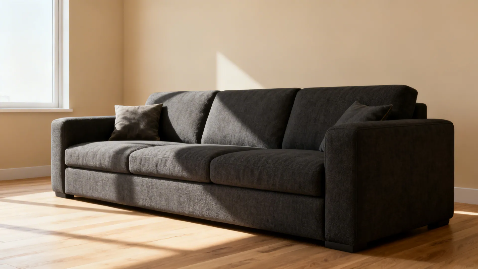 Charcoal sofa anchoring a warm beige living room with wood flooring
