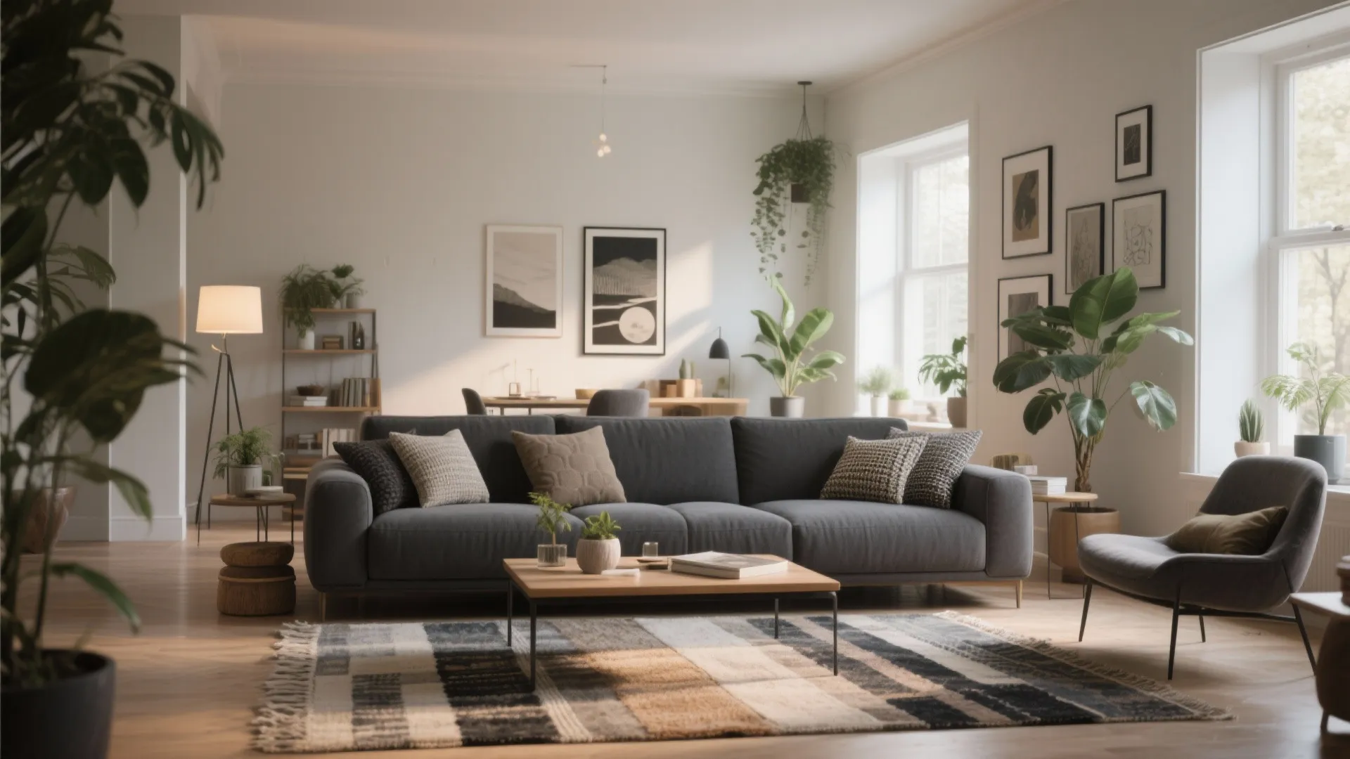 Bright living room featuring a grey sofa wooden coffee table large windows and green plants