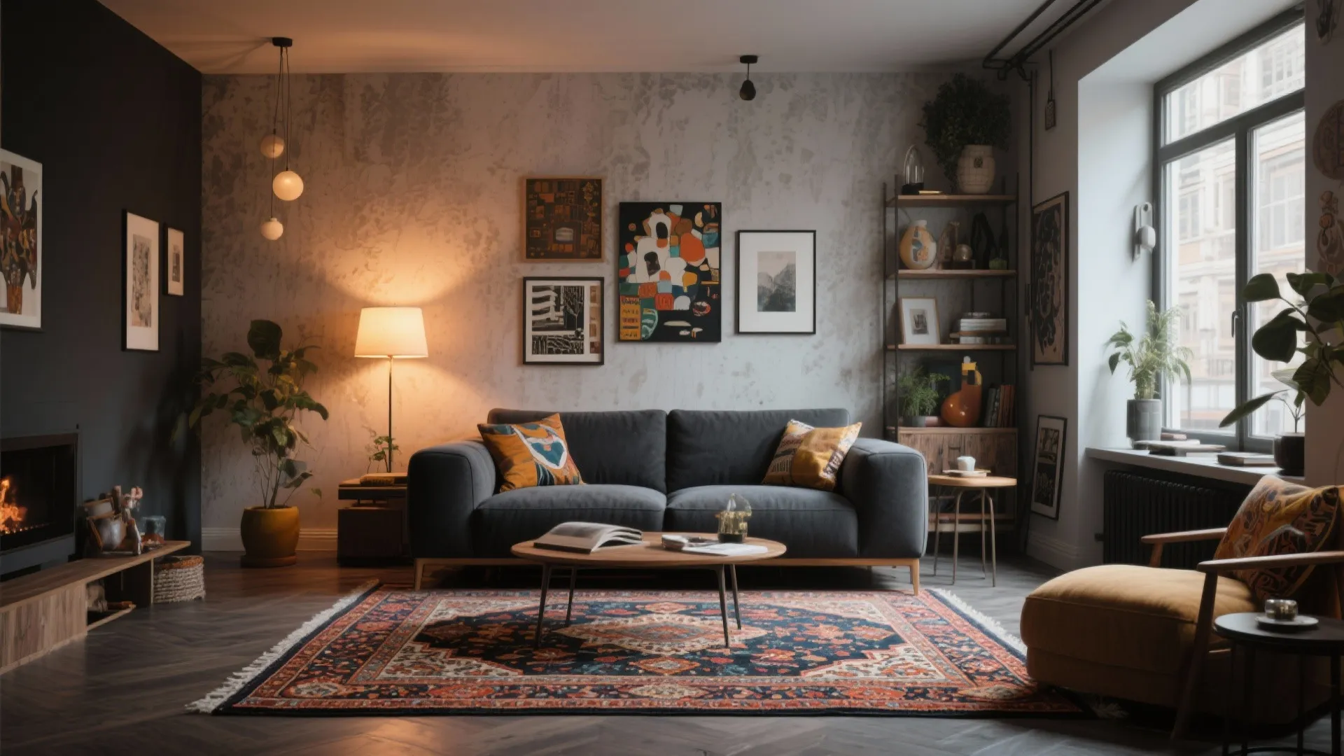 Eclectic living room with charcoal sofa patterned rug gallery wall fireplace and warm floor lamp lighting